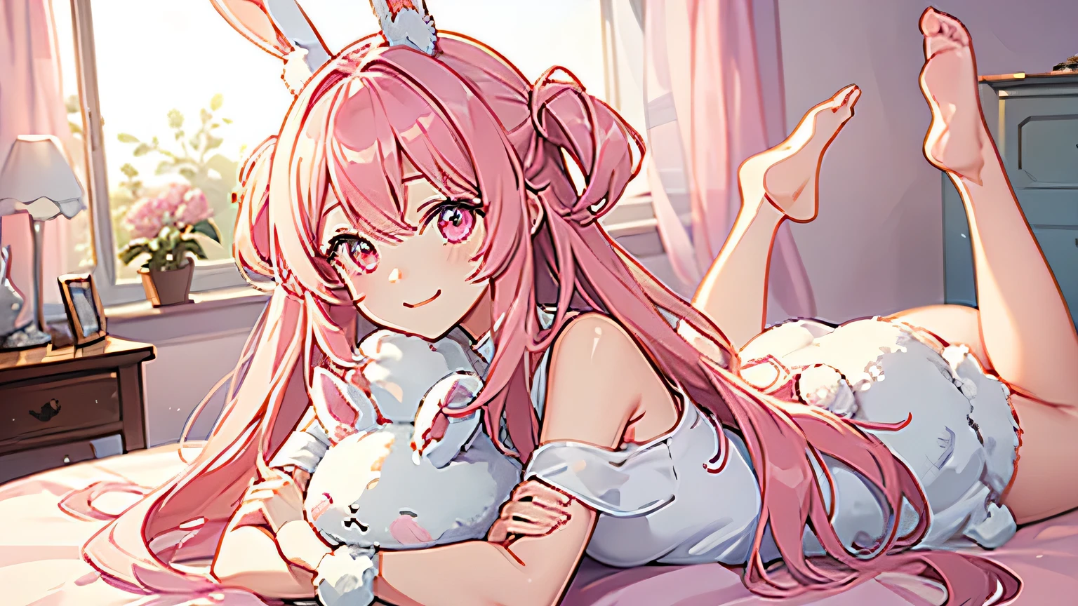 beautiful illustrations, highest quality, pretty girl, Bedroom, pastel colour, fluffy rabbit ears, , pink long hair, rabbit stuffed, bright lighting, pale pink eyes,smile,morning