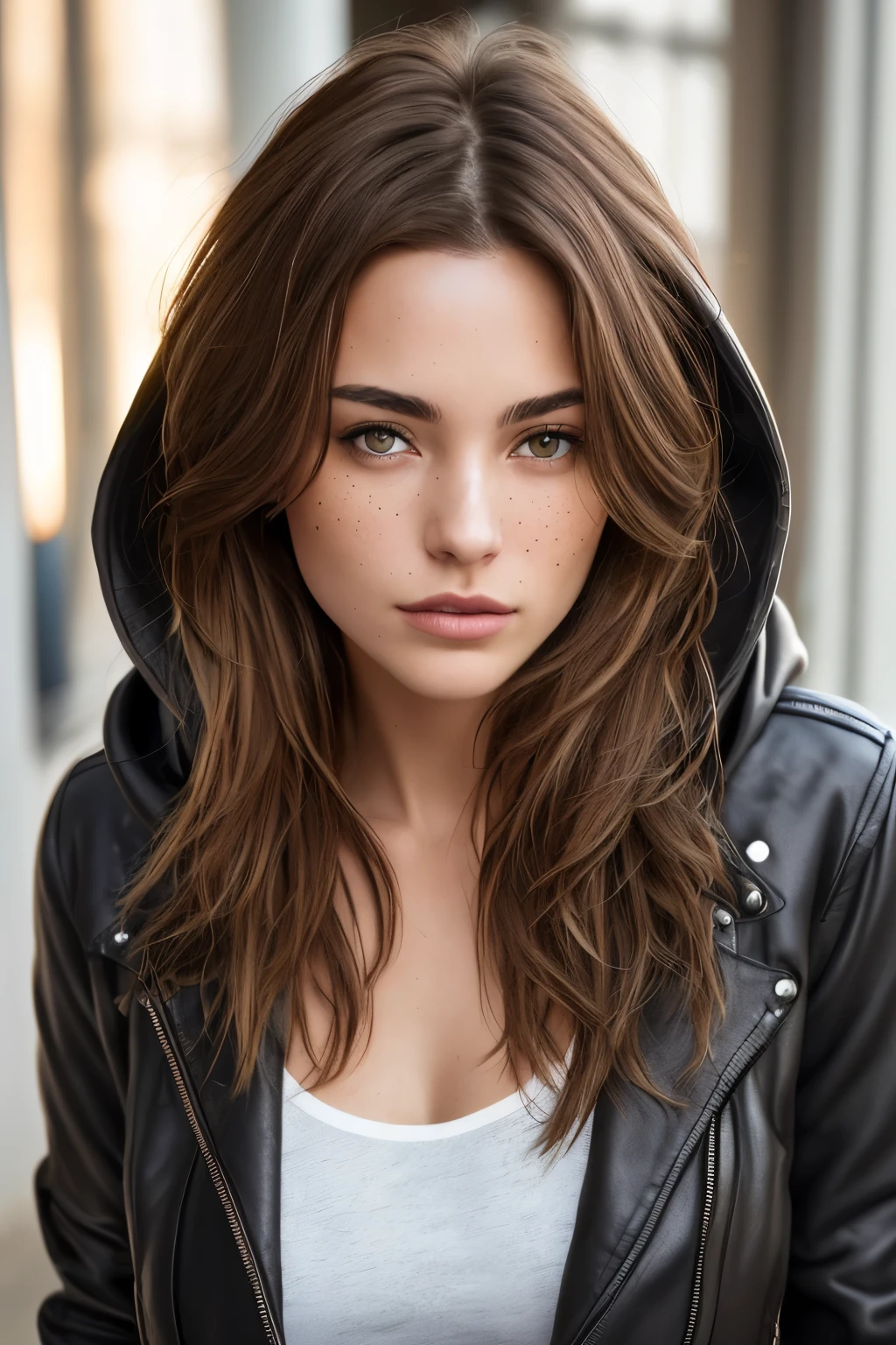 a photo of a seductive woman with loose styled (light brown hair:1.1), bored, she is wearing a hoodie and black leather jacket, mascara, (textured skin, skin pores:1.1), (moles:0.8), imperfect skin, goosebumps, flawless face, (light freckles:0.9), (sun-kissed:1.1), ((photorealistic):1.1), (raw, 8k:1.3), 