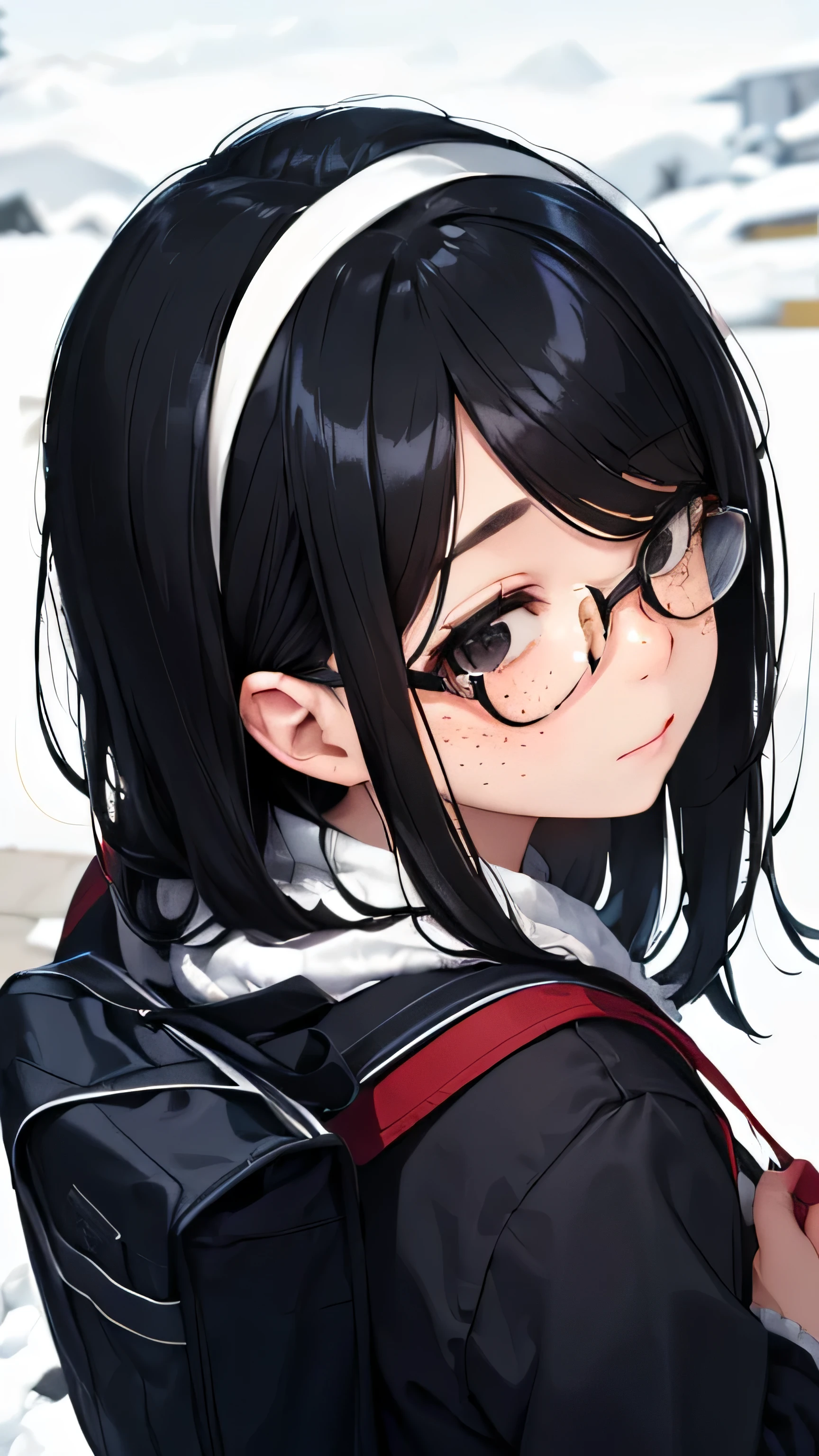 winter、A girl walking on the sidewalk next to a road with cars running on it、high school girl、winter服のセーラー服、black tights、student bag、Dark blue duffel coat、sober、low length、(((((Eyes hidden by long bangs)))))、(((freckles、long black hair:1.2 hair band)))(((black rim glasses:1.2 black eye)))、white breath、it started to snow、powder snow、Check muffler、bevel、From above、looking here、look up、Upper body、from behind、