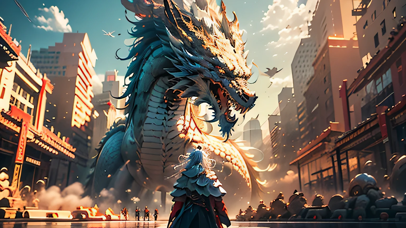 Chinese white dragon rising into the sky，（Girl controls dragon：1.3），（Girl with her back to the camera：1.3），Clouds in the sky surround everything，light magic，fantastic background，meaning background，Ridiculous background，There are artistic overlays，Colorful hair, Surrealism, Cinema lighting, Ray tracing, divinelight, speed line, view, ultra high definition, masterpiece, best quality, Super details, high resolution, high quality，（imagine：1.3）