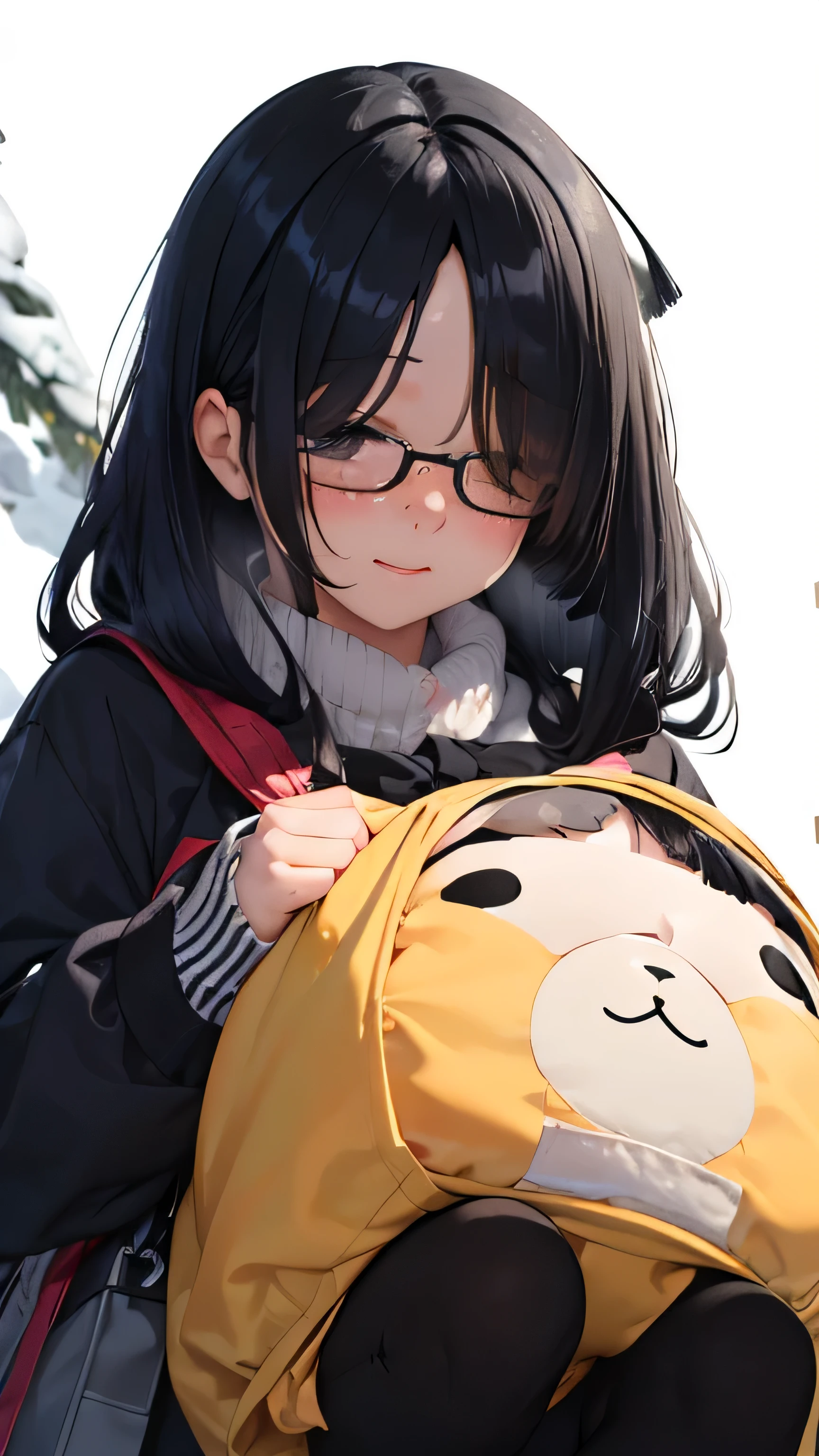 (((1 girl)))winter、A girl walking on the sidewalk next to a road with cars running on it、high school girl、winter服のセーラー服、black tights、student bag、Dark blue duffel coat、sober、low length、(((((long bangs hide the eyes:1.5)))))、((freckles))、((((long black hair:1.2)))) (((hair band)))(((black rim glasses:1.2 black eye)))、white breath、it started to snow、powder snow、Check muffler、bevel、from below、looking here、look down、Upper body、from the front