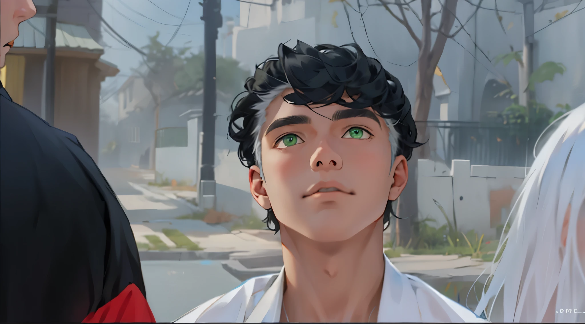 There is a 15-year-old boy, white hair, green eyes, he has gold jewelry on his head and neck and he is looking at someone.
