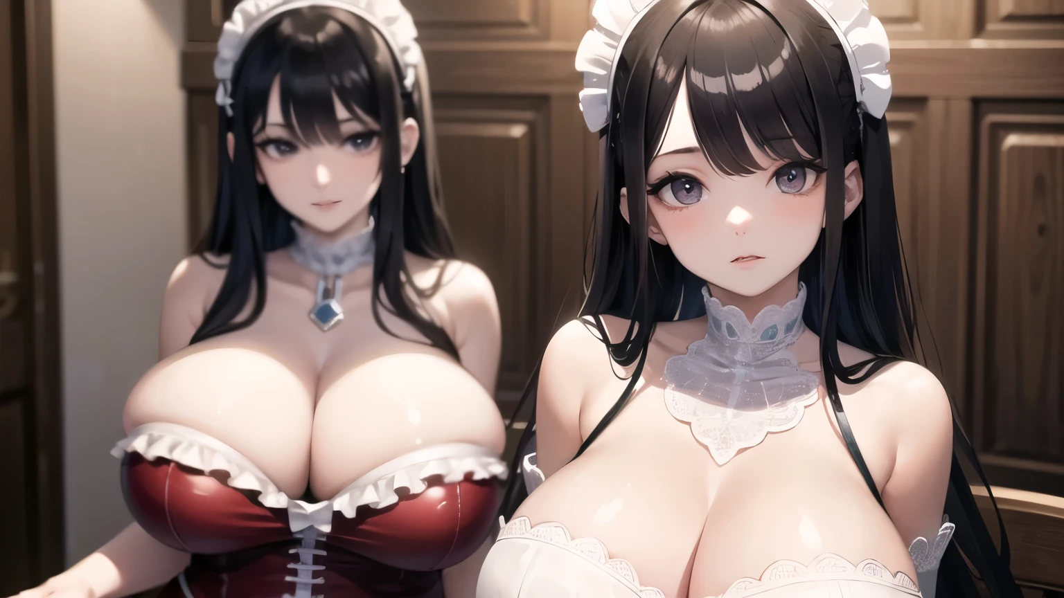 (((masterpiece, best quality))), (((superior quality))), cute girl, ((extremely detailed girl)), ((huge breasts)), (bare shoulders), cleavage, strapless top, maid