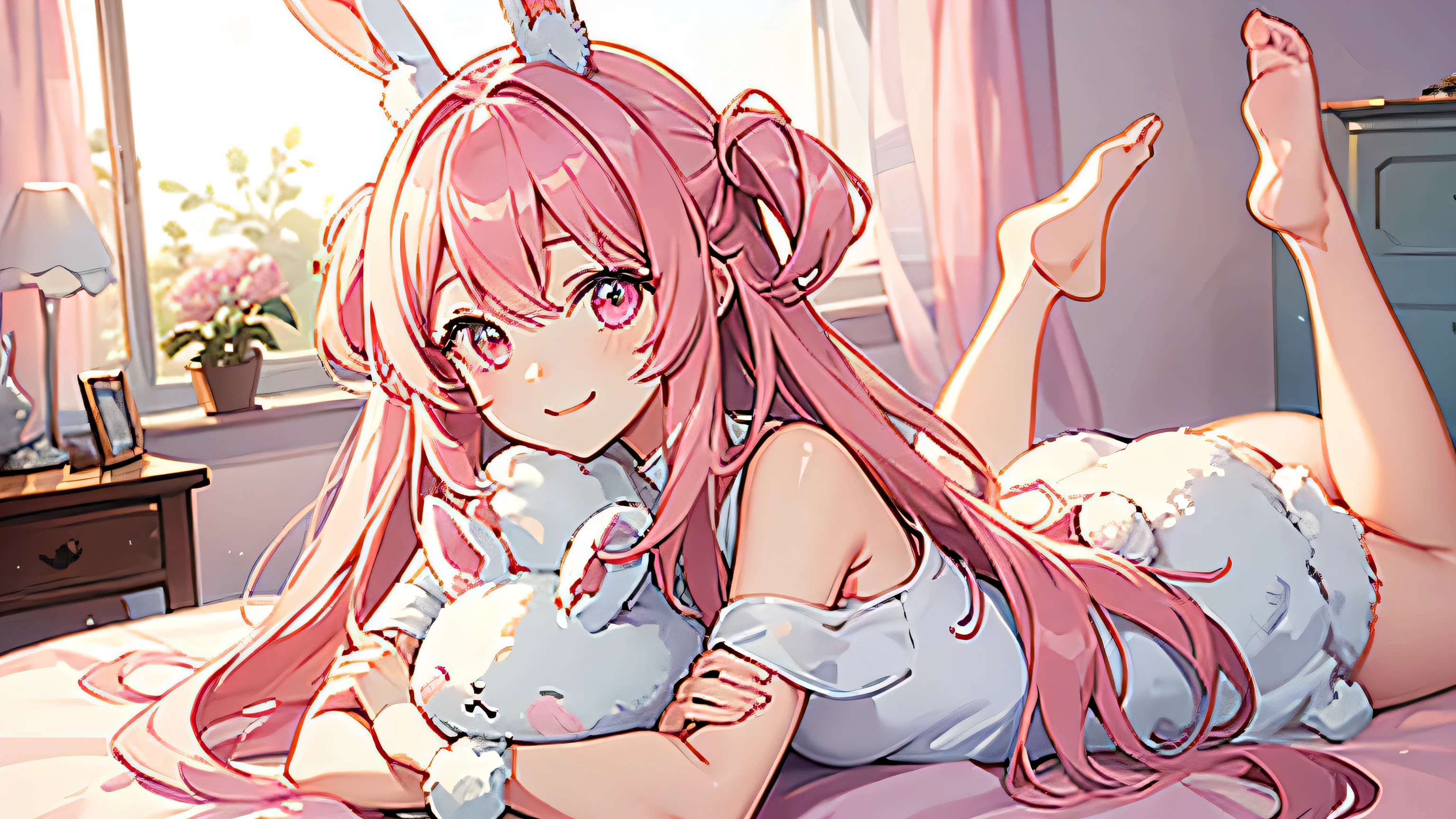 beautiful illustrations, highest quality, pretty girl, Bedroom, pastel colour, fluffy rabbit ears, , pink long hair, rabbit stuffed, bright lighting, pale pink eyes,smile,morning