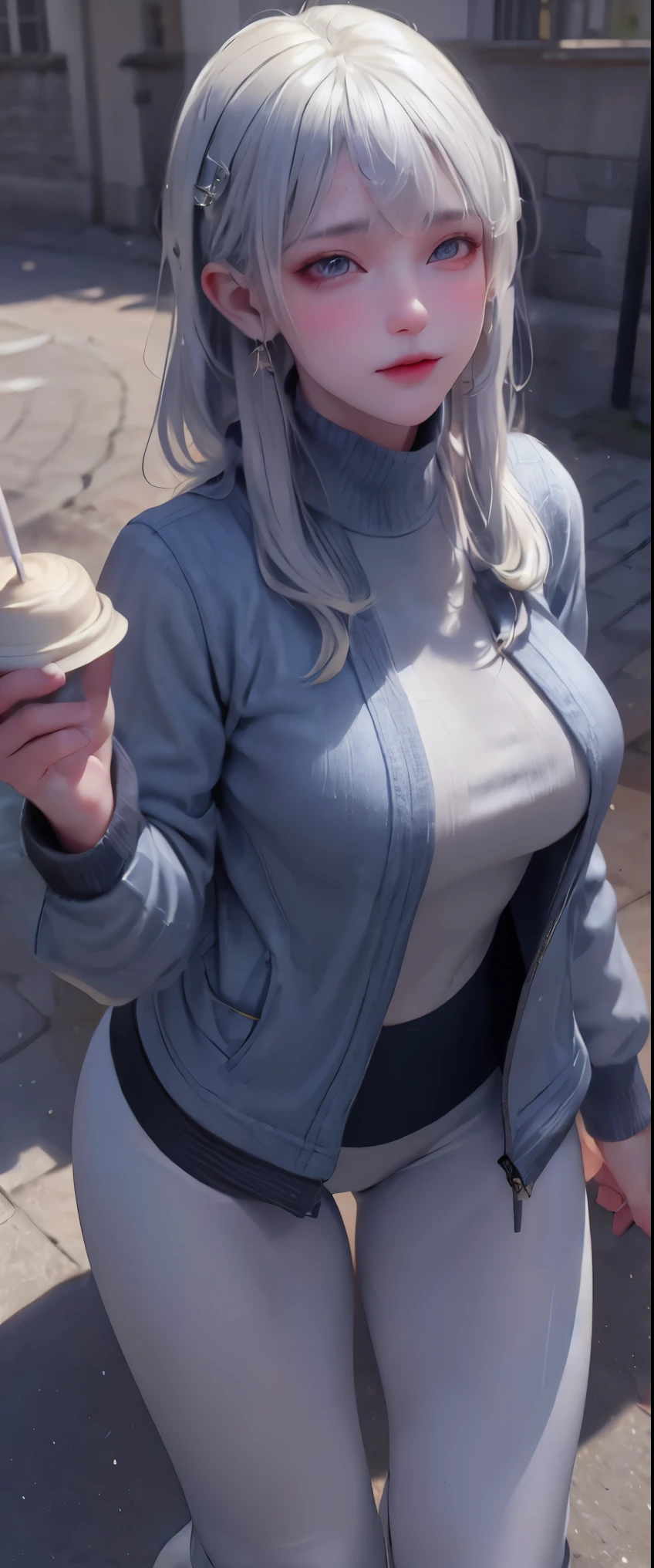 (masterpiece, best quality:1.4), (modern days), (cowboy shot), 1girl, solo, pov, sfw,
stunning girlfriend, (standing:1.1), dynamic pose, (white oversized sweater, knit sweater:1.4), (tight yoga pants, dark grey yoga pants:1.4), (short navy blue jacket, denim jacket:1.4), long blonde hair, swept bangs, heart shaped face, elegant face, beautiful face, highly detailed face, highly detailed skin, skin pores, subsurface scattering, (detailed blue eyes), realistic pupils, large breast, loving smile, looking at viewer, full face blush, full lips, holding a single coffee cup, centered,
coffee shop in background, city street, sunny day, wind, detailed background, depth of field, atmospheric perspective, volumetric lighting, sharp focus,
absurdres, realistic proportions, good anatomy, (realistic, hyperrealistic:1.4), 16k hdr,black eyes