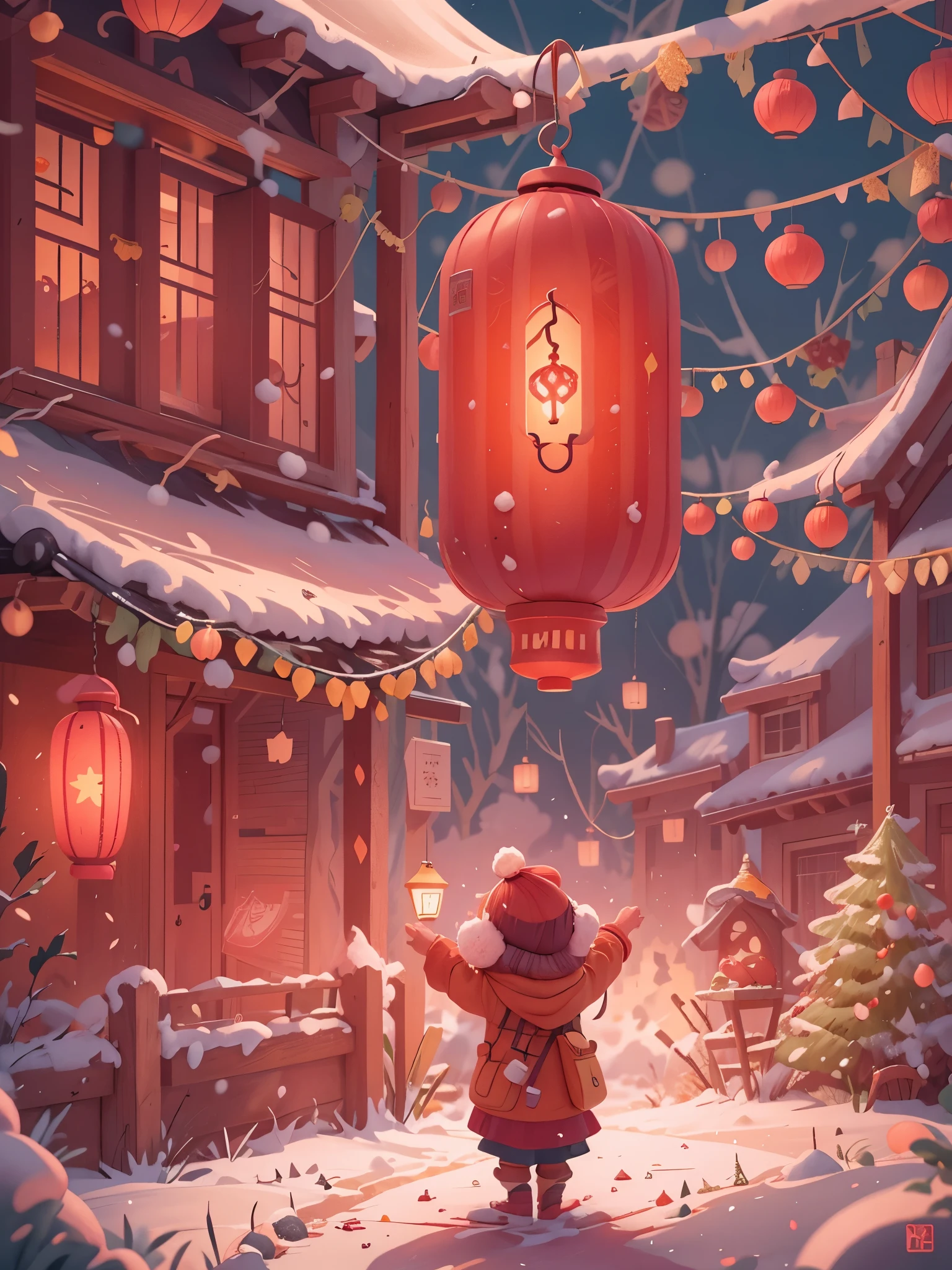 big red lantern,festive atmosphere,winter background,snow,fireworks,Warm and joyful atmosphere, digital illustration, Illustration poster, child, digital illustration , Chinese style, , exciting illustration,