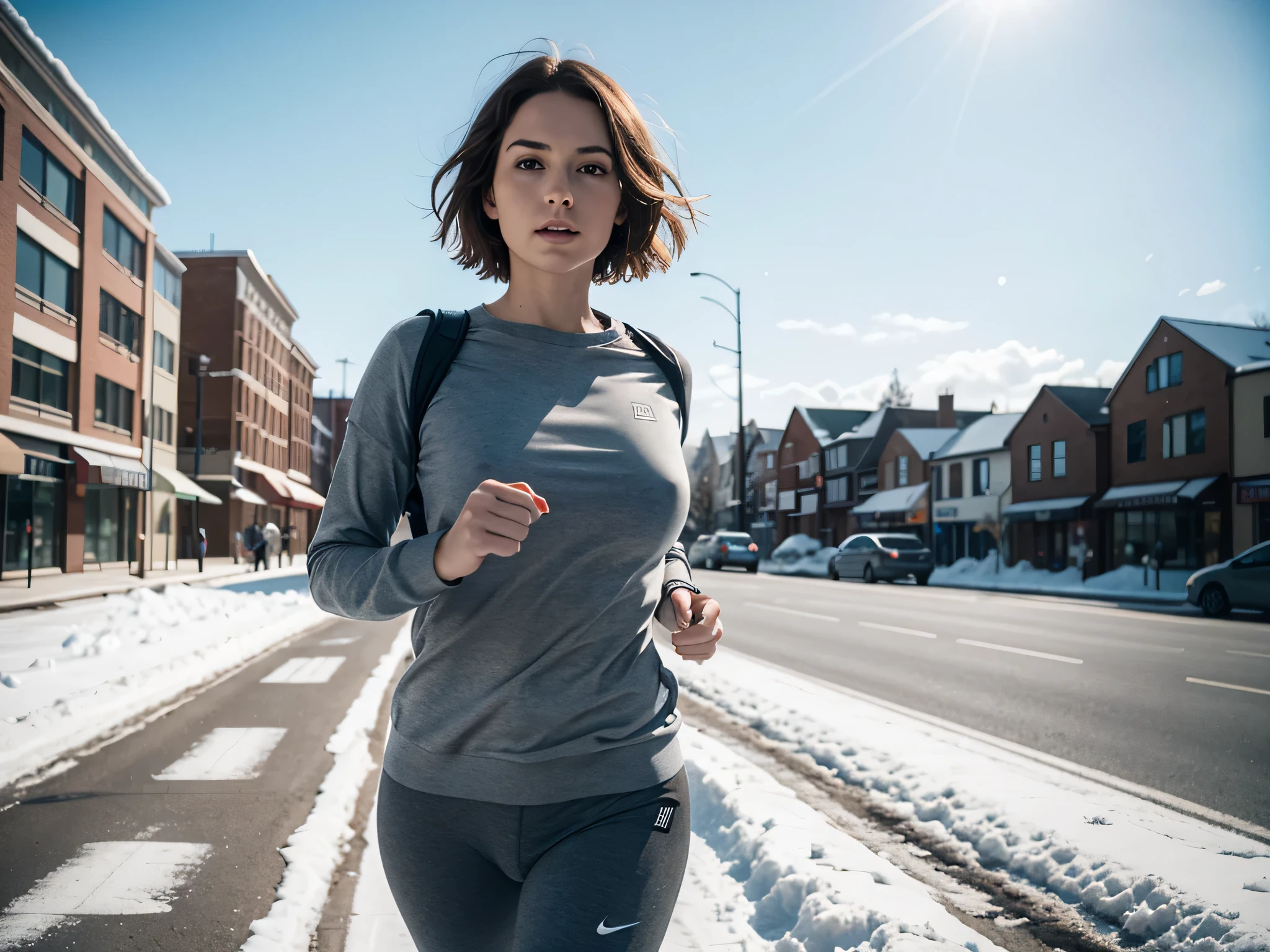 feminine figure, redhead, freckles, best quality, realistic skin texture, photography, film grain texture and high contrast, extremely high-resolution details, photographic, photorealistic, hyper-realistic, HDR, masterpiece, short hair, highly detailed eyes, eyes aligned, jogging, hair bouncing, upper body portrait, tight sweater, jogging on sidewalk, snow on the ground, sweating, moist, blue sky, snowy landscape, no bra