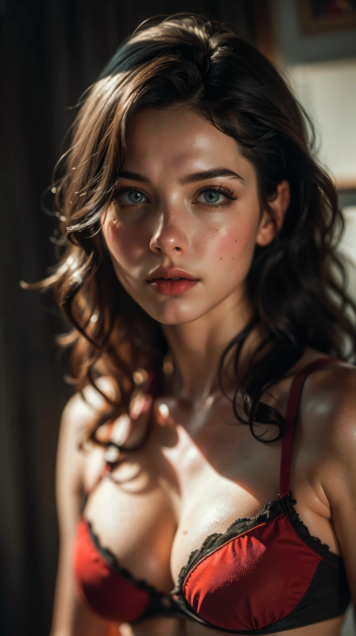 (((ultra realistic))) Photo, masterpiece, top quality, (pale skin), (Ultra detailed face and eyes:1.2), Bright eyes, 1 girl, red bra , gloomy atmosphere, Dark background, (Eye makeup, mascara) , ((Dark wavy hair)) , ((Stylish hairstyle)) , (Natural breasts), (A slight smile), ((Posing)), photoshoot, studio (Contour lighting), (The play of light and shadows), depth of field, bokeh, (special attention to skin detail: 1.2), Detailed leather texture, skin pores, ((Тёмная и gloomy atmosphere кадра. color scheme - black, Gray, Ashen, Red tones)), ((Film grain, VHS effect)), ((rays)) , ((waist up portrait, close to the camera)) , ultra detialed,