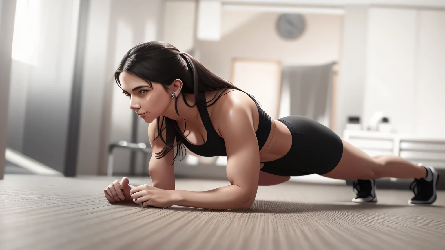 arafed woman doing push ups on a mat em uma academia, mulher em forma, athletic muscle tone,  apta, corpo tonificado, atenuado, trabalhando fora, toned arms, em uma academia, in good physical shape, bem tonificado, forma tonificada, mulher musculosa e exausta, obturador, corpo em forma, Physical aptitude, em um fundo escuro, Corpo robusto, dar certo