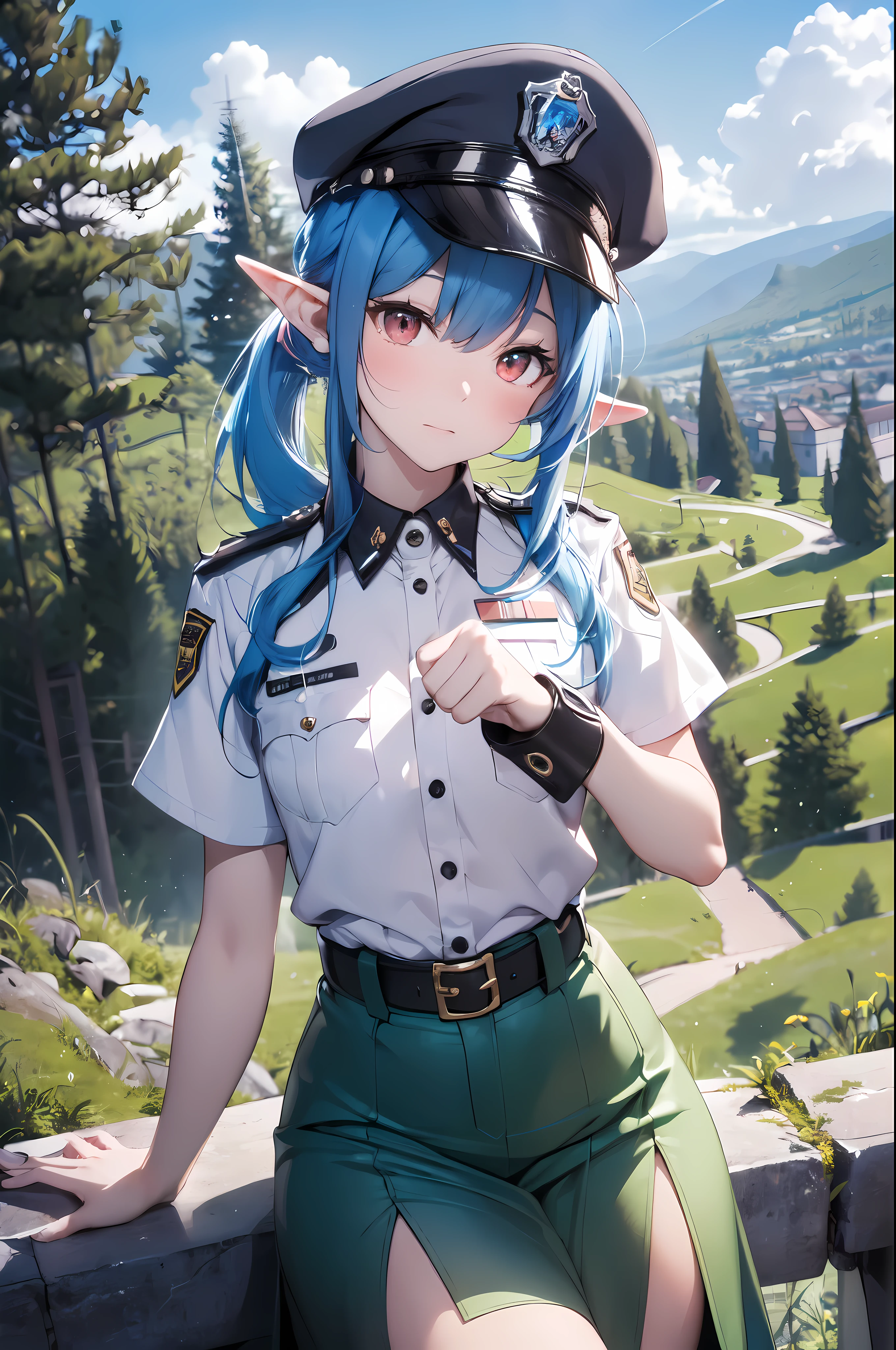 detailed, (masterpiece:1.2), (pale_skin:1.2), (solo:1.2), (female), slender, (blue hair), outdoors, headtilt, red eyes, ponytail, bangs, elf_ears, (green_police_hat:1.3), green skirts, hilltop, hill
