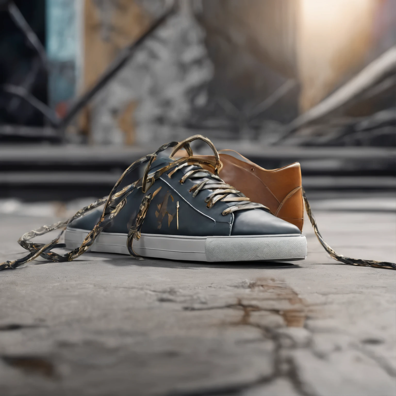 A special shoelace on a piece of concrete under a bridge with street art behind the scene