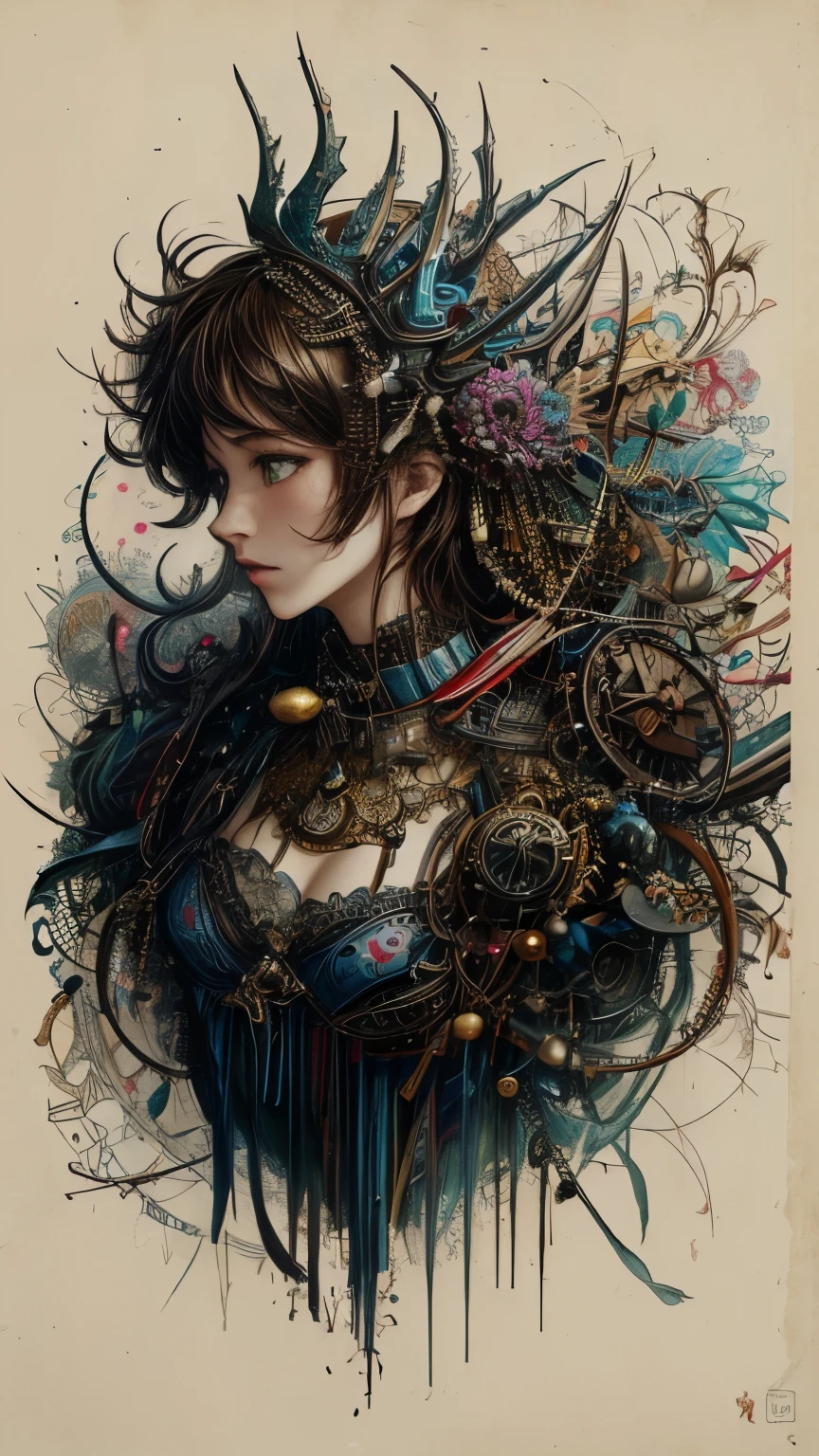 official art, unity 8k wallpaper, Super detailed, beautiful and aesthetic, masterpiece, highest quality, (zentangle, mandala, tangle, entangle), (fractal art:1.3) ,( 1 girl:1.4), very detailed, dynamic angle, cowboy shot, the most beautiful form of chaos, elegant, brutal designer, Bright colors, romanticism, Written by James Jean, robbie dowi antono, Ross Tran, francis bacon, Michael Mraz, Adrian's genius, Petra Cortright, Gerhard Richter, takato yamamoto, ashley wood, in the atmosphere, steampunk,gear
