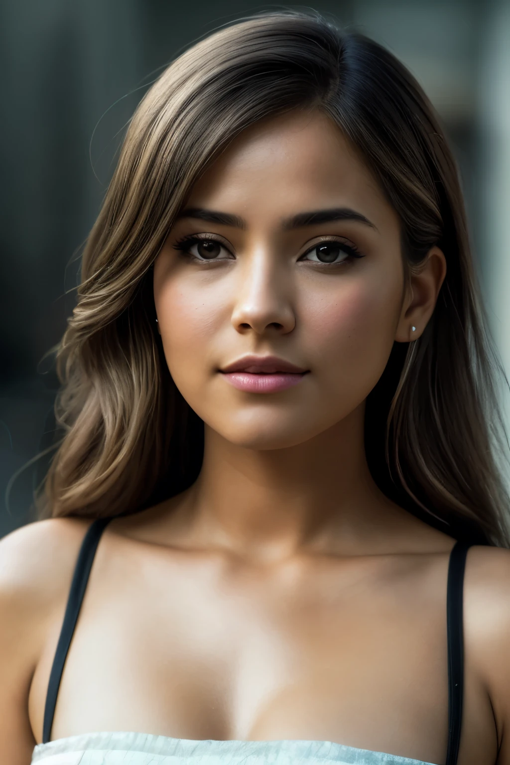Latina Women's High Angle, bright blonde hair, Wearing a short and tight dress, city, natural skin texture, 24mm, 4K texture, soft movie-like light, RAW photo, photorealism, realistic, Complex, elegant, very detailed, sharp focus, ((((((cinematic look)))), soft tones, insane details, Complex details, very detailed, low contrast, soft movie-like light, dark color, exposure mix, HDR, faded