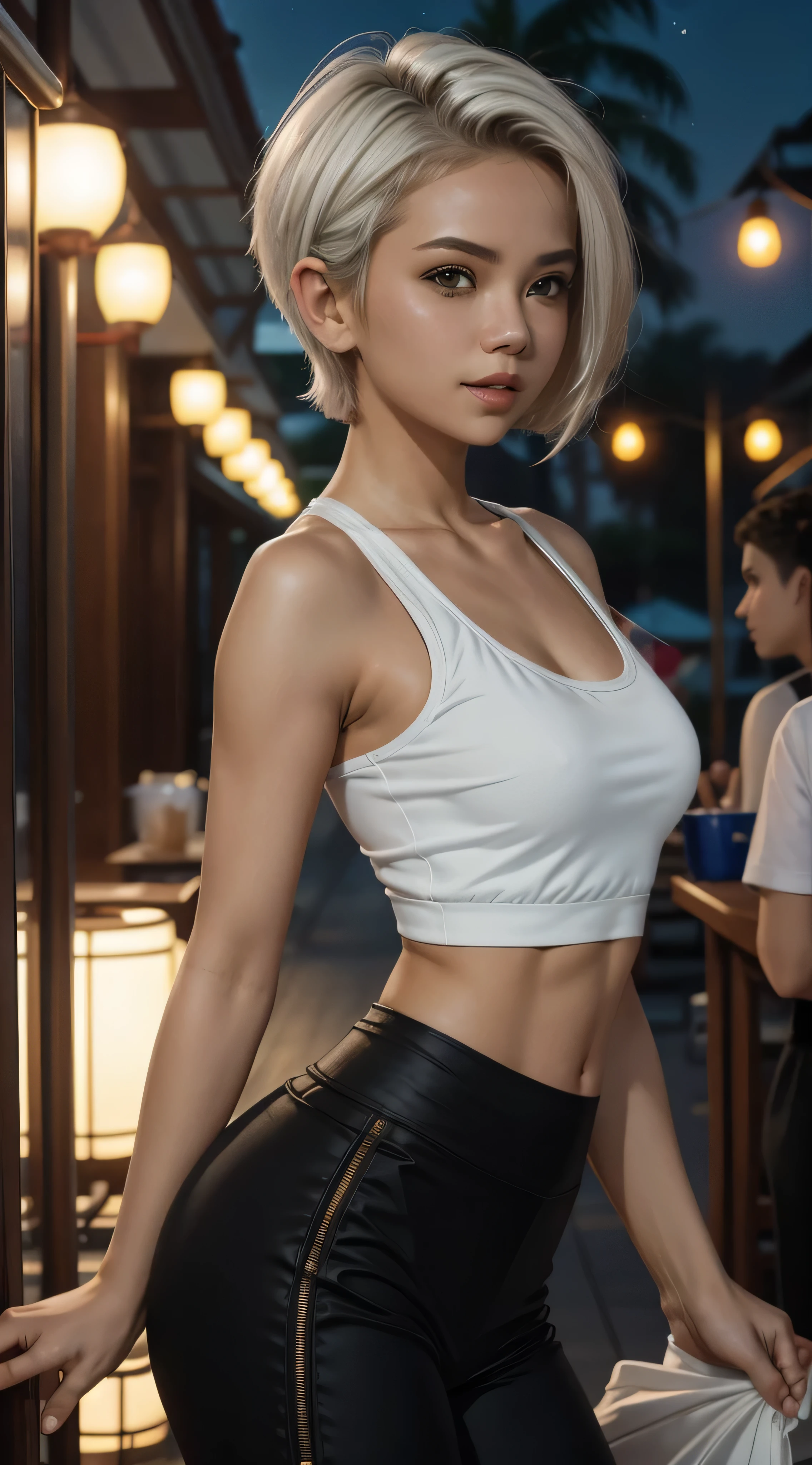 Malay girl, very short white hair, side swept pixie cut hair,wear white tank top and blue pleated skirt with leggings , at chinese restaurant, laughing and posing with hand on hip, wear white handbag, from back view, windy, detail skin, age spot, detail skin texture, mole below eyes, small breast, flat chest, wide hips, small waists, thick thighs, slim abs, beautiful body, nighttime, happy, bright lighting, blur background, bokeh,