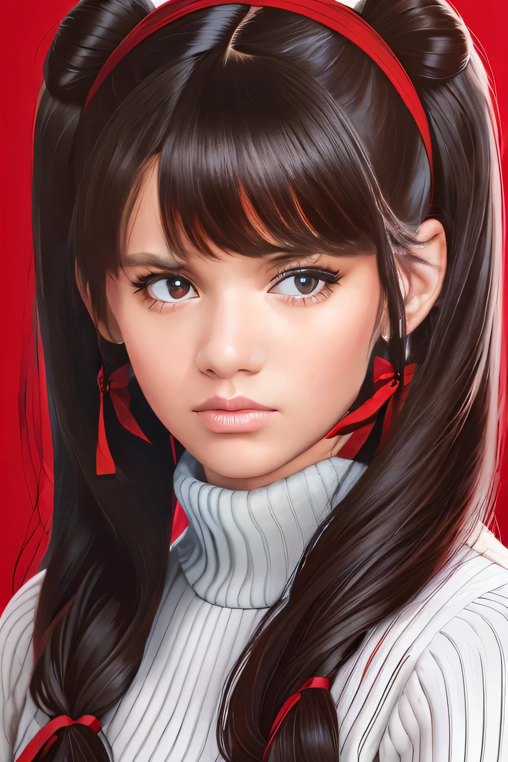 1girl, tohsaka rin, solo portrait, long hair, sweater, red sweater, looking at viewer, blue background, black hair, simple background, two side up, brown eyes, lips, closed mouth, ribbon, hair ribbon, bangs, turtleneck sweater, upper body, parted bangs, black ribbon, ribbed sweater, twintails