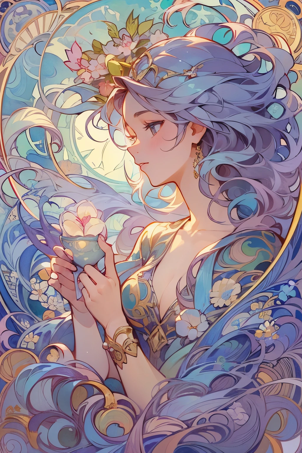 masterpiece, highest quality, ultra high resolution, sharp focus,(Highly detailed CG Unity 8K wallpaper), (highest quality), (best illustrations), Beautiful woman,  Aquarius, a beautiful venus with long sky blue color hair, water floating around the woman, fantasy, mysterious atmosphere, horoscope、Mysterious, Alphonse Mucha&#39;s Art Nouveau line, Art Nouveau line,　awesome full color,　watercolor painting　
