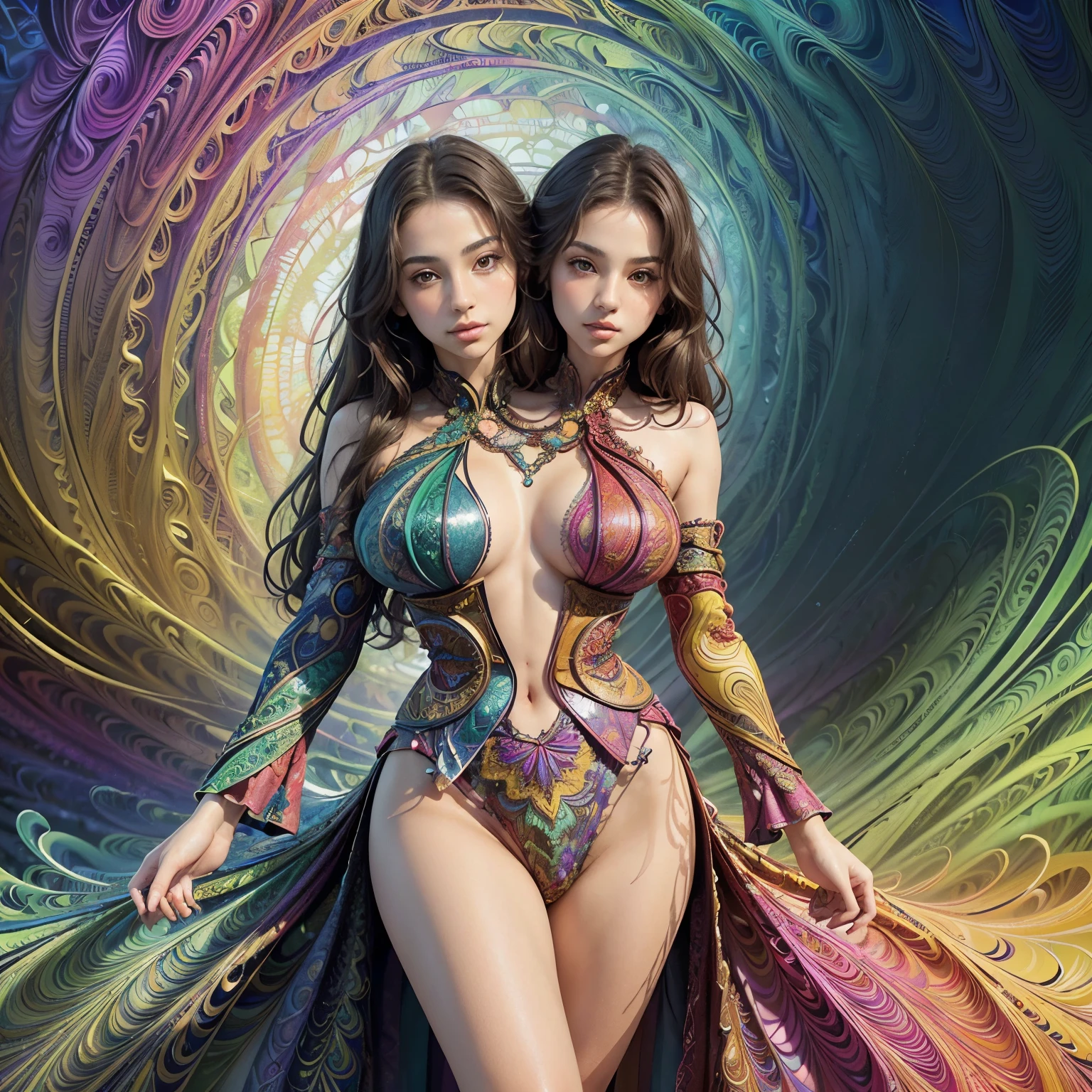 (masterpiece, top quality, best quality, official art, beautiful and aesthetic:1.2), (1girl:1.3), extremely detailed,(fractal art:1.2),colorful,highest detailed,(zentangle:1.2), (dynamic pose), (abstract background:1.5), (treditional dress:1.2), (shiny skin), (many colors:1.4), upper body, (two heads)