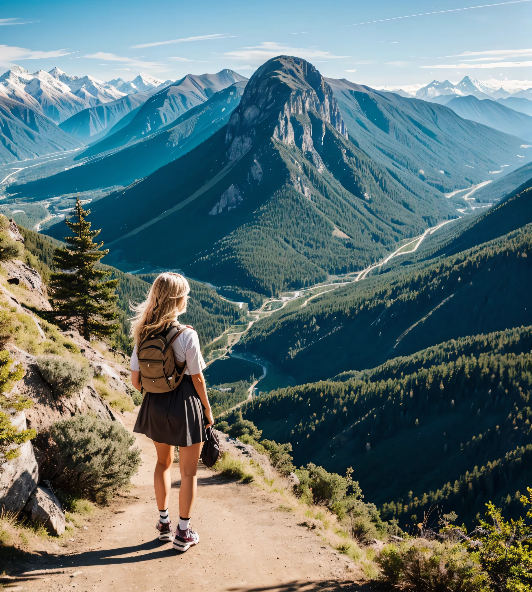 blonde woman in a mountainous landscape, enjoying a walk among nature, with the wind caressing her blonde hair as she contemplates the majesty of the peaks.
