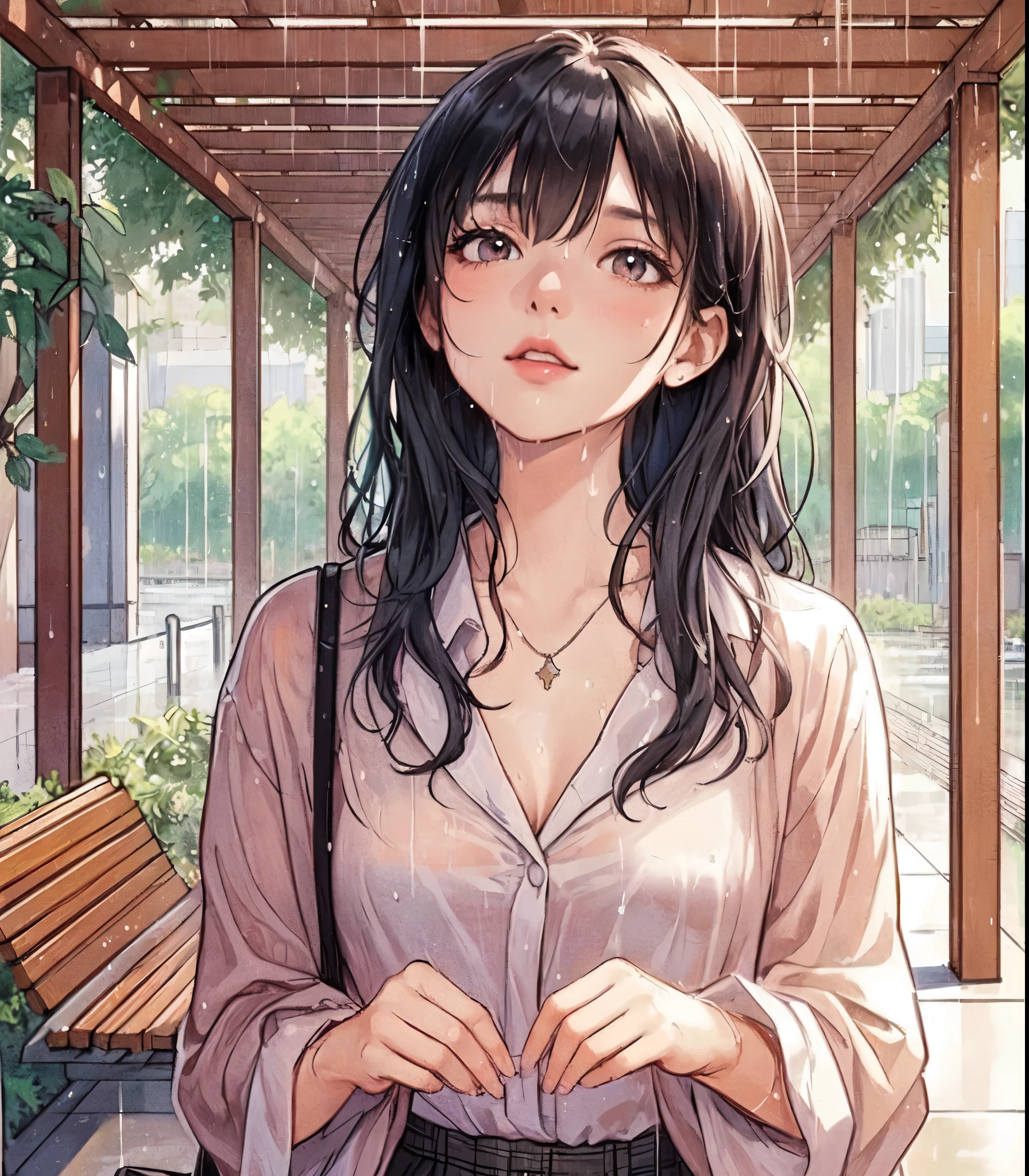1lady solo, (looking up at the sky:1.2) (taking shelter from the rain), (stylish outfit), mature female, /(black hair/) bangs (wet hair:1.2), (melancholic expression:0.6) (light blush:0.8), (masterpiece best quality:1.2) delicate illustration ultra-detailed, medium breasts, holding a bag BREAK (rainy:1.2), (raindrops falling:1.1) BREAK (urban park) outdoors, (under pergola:1.2) bench, detailed background