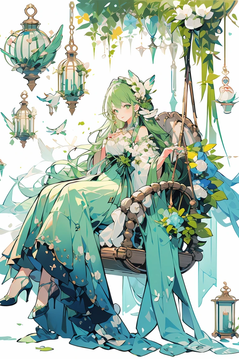 (masterpiece:1.2), best quality,PIXIV,fairy tale girl, 1 girl, green hair, green eyes, green dress, ta fashion, green theme