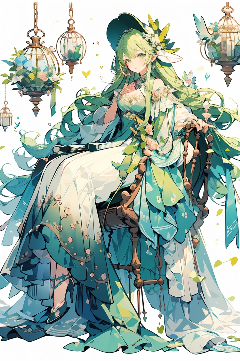 (masterpiece:1.2), best quality,PIXIV,fairy tale girl, 1 girl, green hair, green eyes, green dress, lolita fashion, green theme