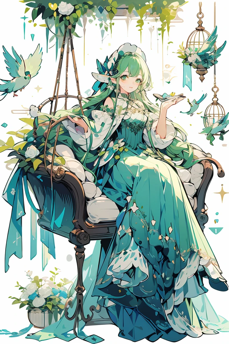 (masterpiece:1.2), best quality,PIXIV,fairy tale girl, 1 girl, green hair, green eyes, green dress, lolita fashion, green theme