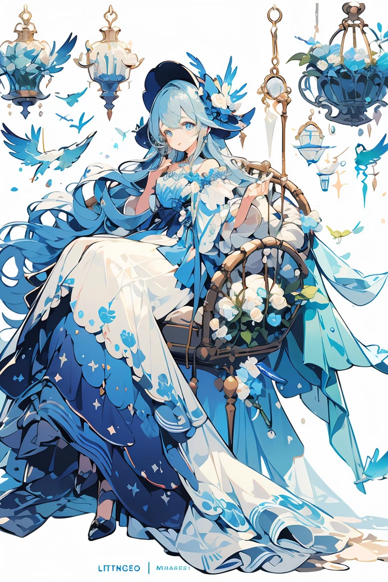 (masterpiece:1.2), best quality,PIXIV,fairy tale girl, 1 girl, blue hair, blue eyes, blue dress, ta fashion, blue theme