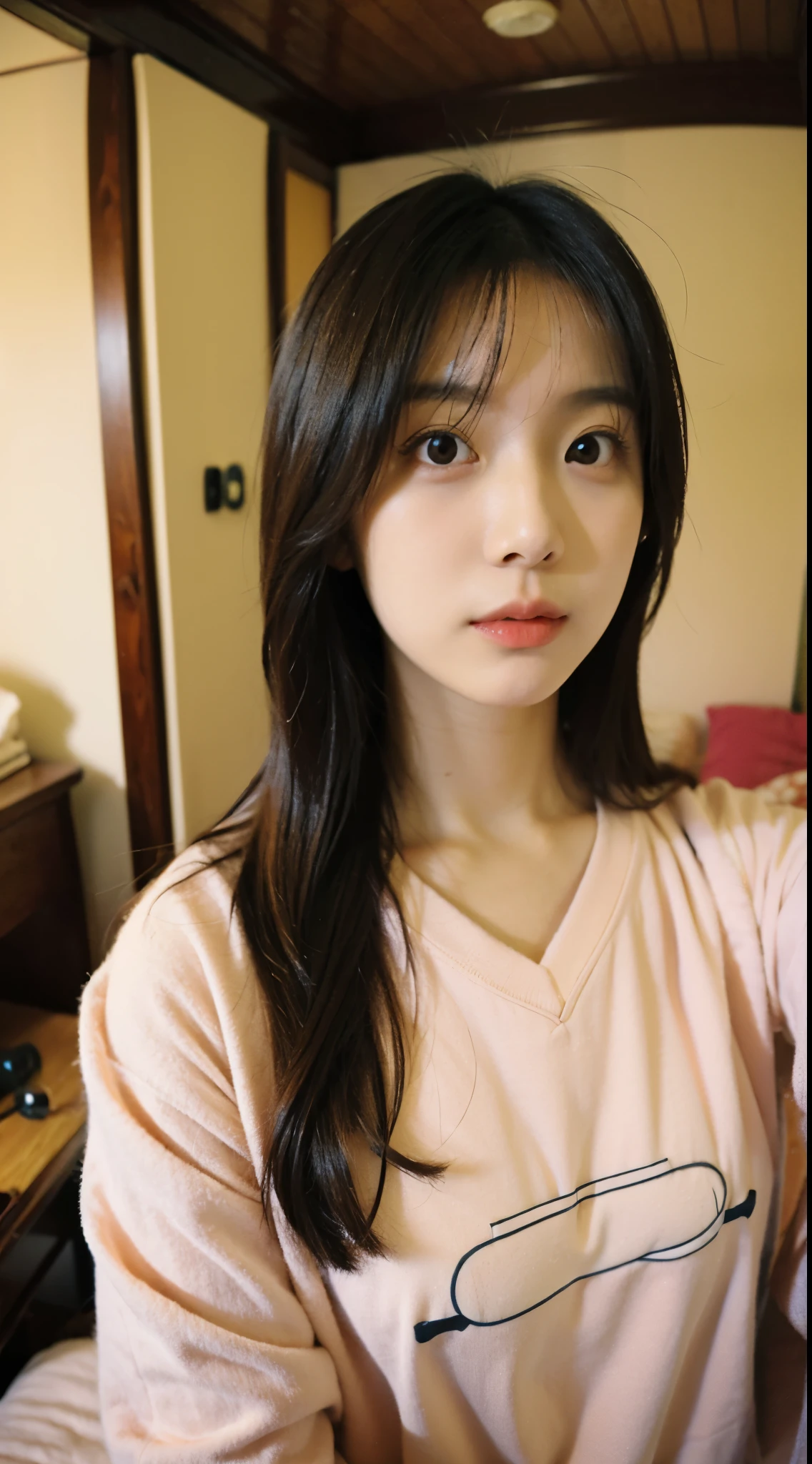 Japanese girl looking at camera、beautiful girl、no makeup、No makeup、Room wear、selfie、my room