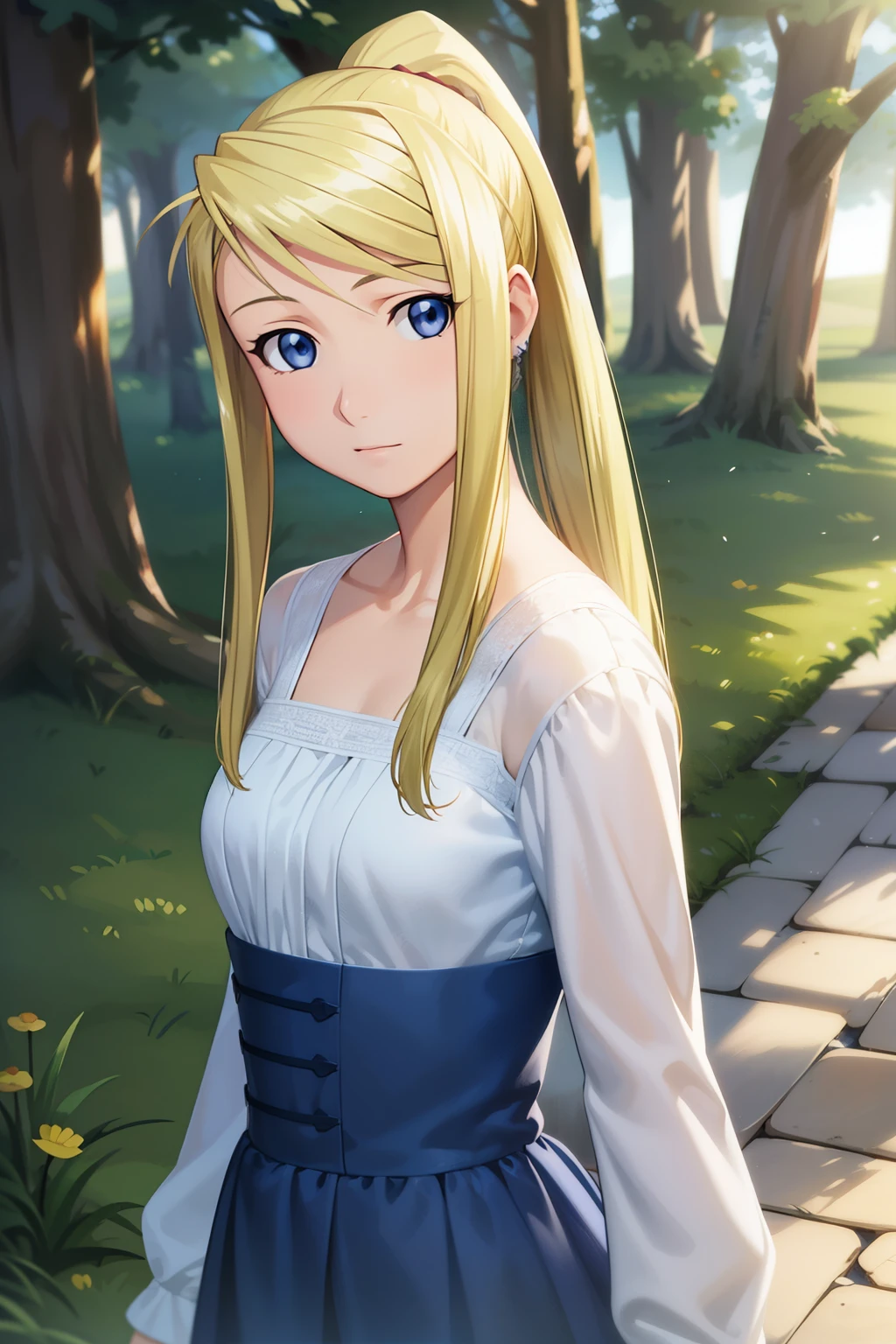 masterpiece, best quality, photorealistic, 1girl, solo, looking at viewer, , depth of field, , , winry_rockbell, blonde hair, blue eyes, ponytail, , , fairytale, HD