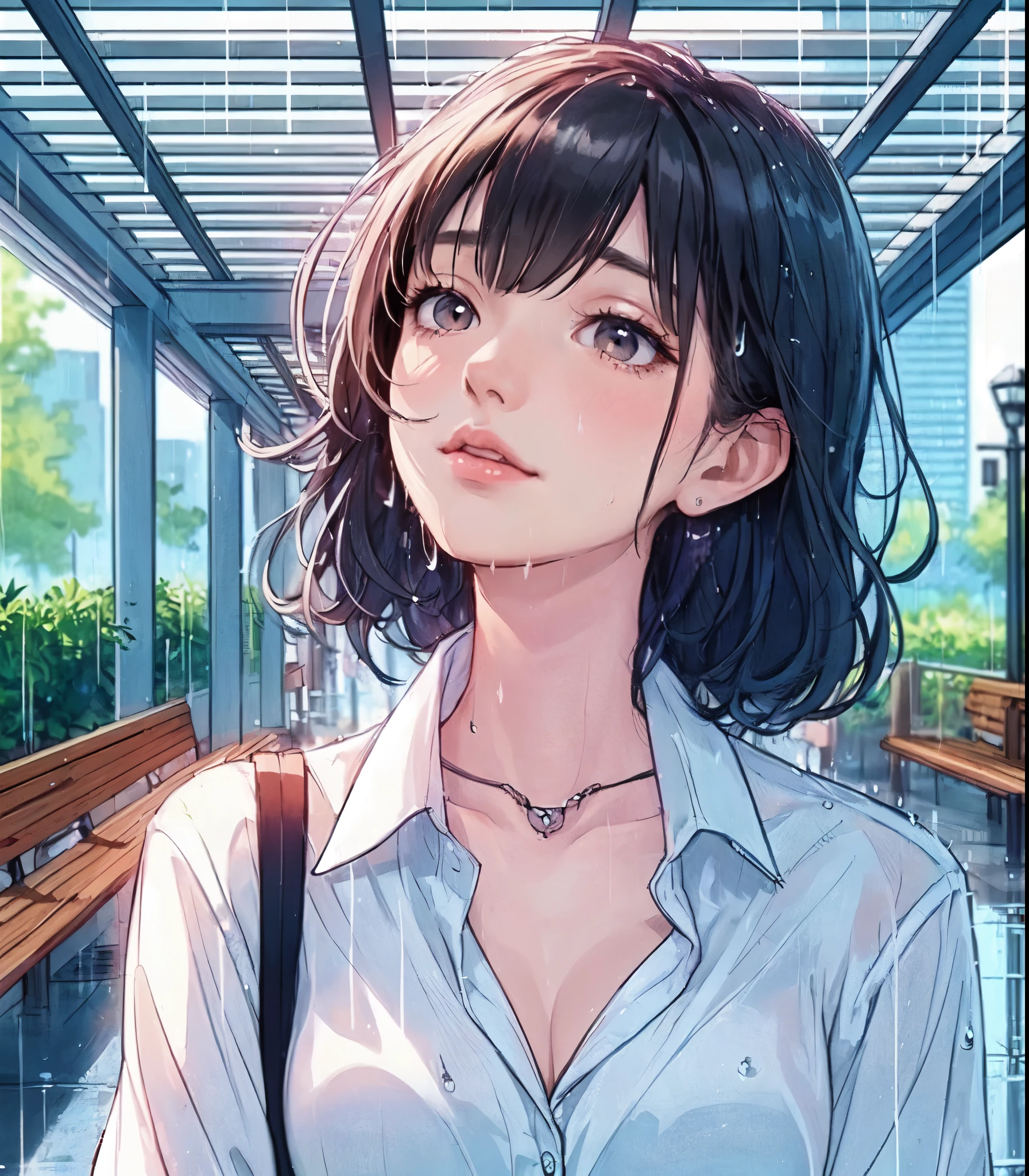 1lady solo, (looking up at the sky:1.2) (taking shelter from the rain), (stylish outfit), mature female, /(black hair/) bangs (wet hair:1.2), (melancholic expression:0.6) (light blush:0.8), (masterpiece best quality:1.2) delicate illustration ultra-detailed, medium breasts, holding a bag BREAK (rainy:1.2), (raindrops falling:1.1) BREAK (urban park) outdoors, (under pergola:1.2) bench, detailed background