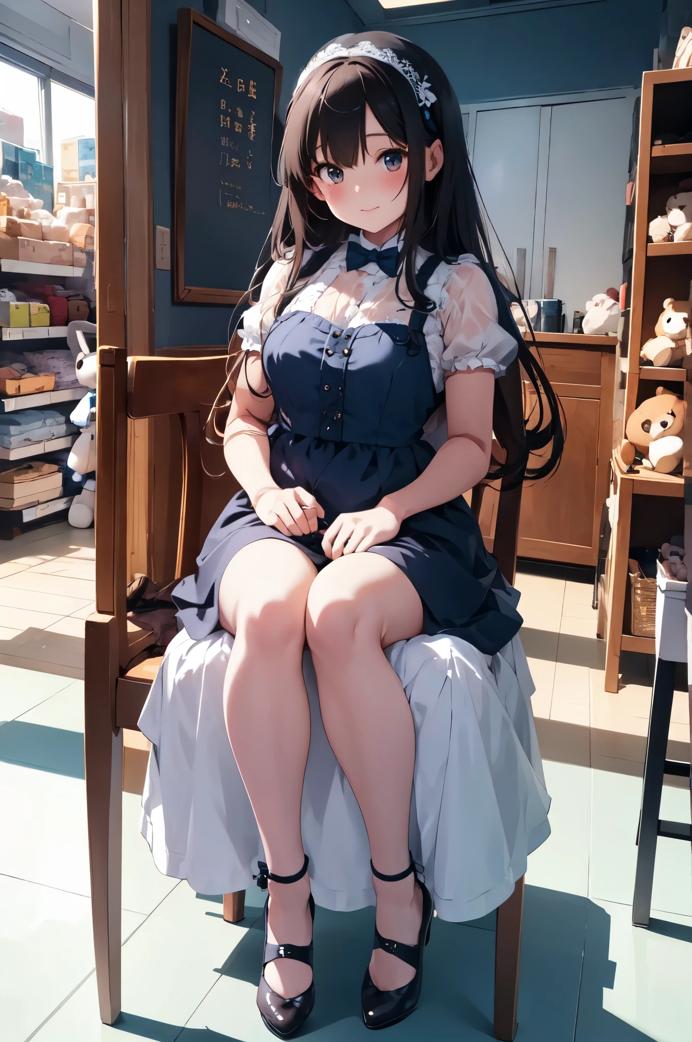 there is a doll sitting on a chair with a teddy bear, skydoll noa, ultrarealistic sweet bunny girl,  in dress, on a mannequin. high quality, very detailed and high quality, photorealistic full body, small curvy , plastic doll, ball jointed doll, iray, sakimichan hdri, artdoll