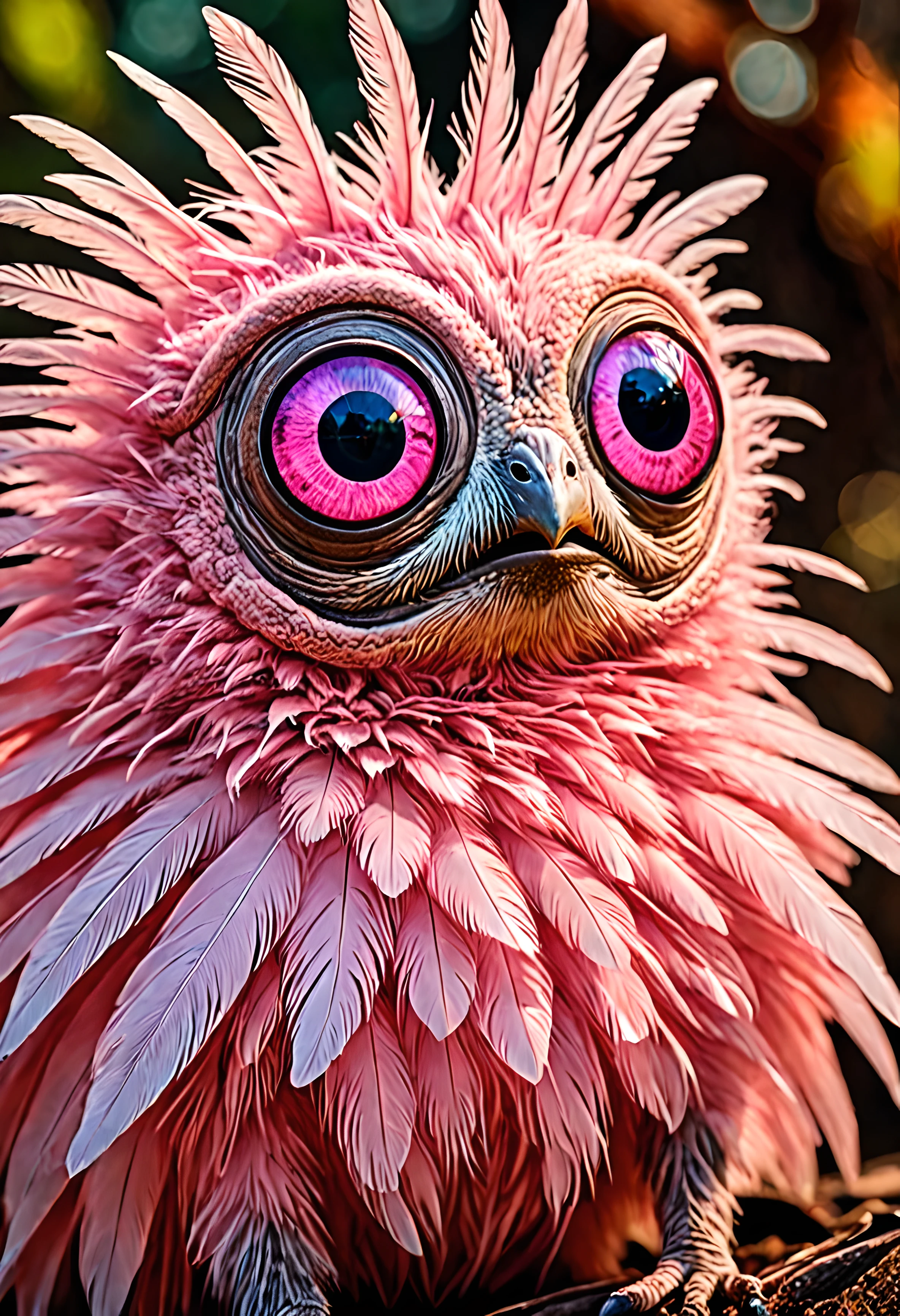 Majestic wildlife photography, astrobiology, a cute alien creature, feathers, glowing-pink, giant eyes, unusual anatomy, kodachrome, retro scifi, ethereal, masterpiece, UHD, HDR10, Canon EOS R5, high saturation, detailed high quality highres