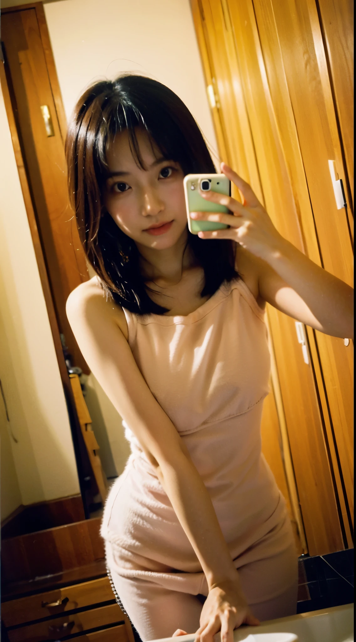 (High resolution:1.3), (16k, Photorealistic, Raw photo, Best image quality: 1.4), Japanese, (One Girl), Beautiful Face, (A vivid face), (Black-haired、short hair:1.3), (Black Eyes 1.3), Beautiful Hairstyles, Realistic eyes, Beautifully detailed eyes, (Realistic Skin), Beautiful skins, attractive, 超A high resolution, Surreal, High detail, Golden Ratio, Highly detailed cute girl,(20-year-old), See-through pajamas, ((Selfie through the mirror)), thigh, ceiling light, Bedroom at night