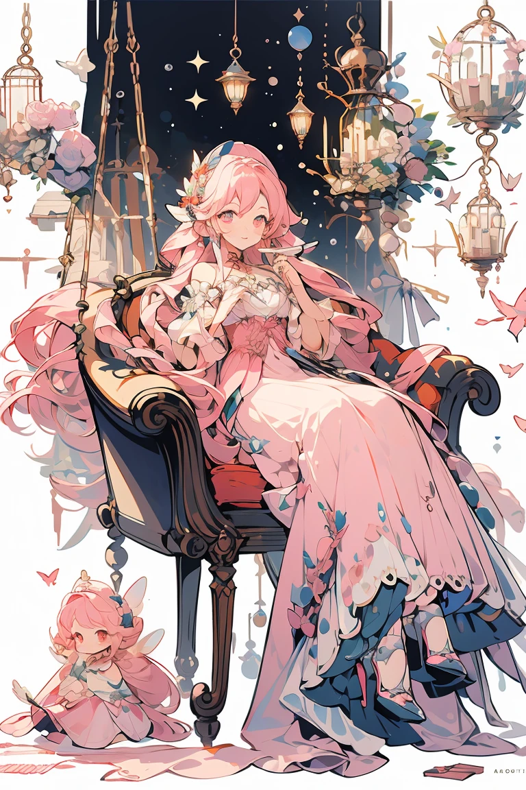 (masterpiece:1.2), best quality,PIXIV,fairy tale girl, 1 woman, hair, pink eyes, pink dress, ta fashion, all pink theme