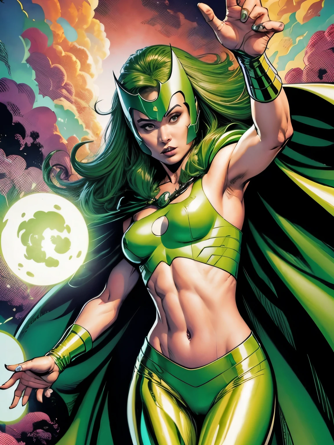 Cinematic. (((A comic style, cartoon art))). ((1girl, solo, lonly)). polaris Posing for photo (in epic heroic pose) , ((wearing his iconic white X-Men uniform with sexy green legging pants and cape)) . (((slim Hot Body, camel toes))). ((Abstract Comic background )) , vivid colors, detailed, detailed face, realistic shadows and bright, glowing.