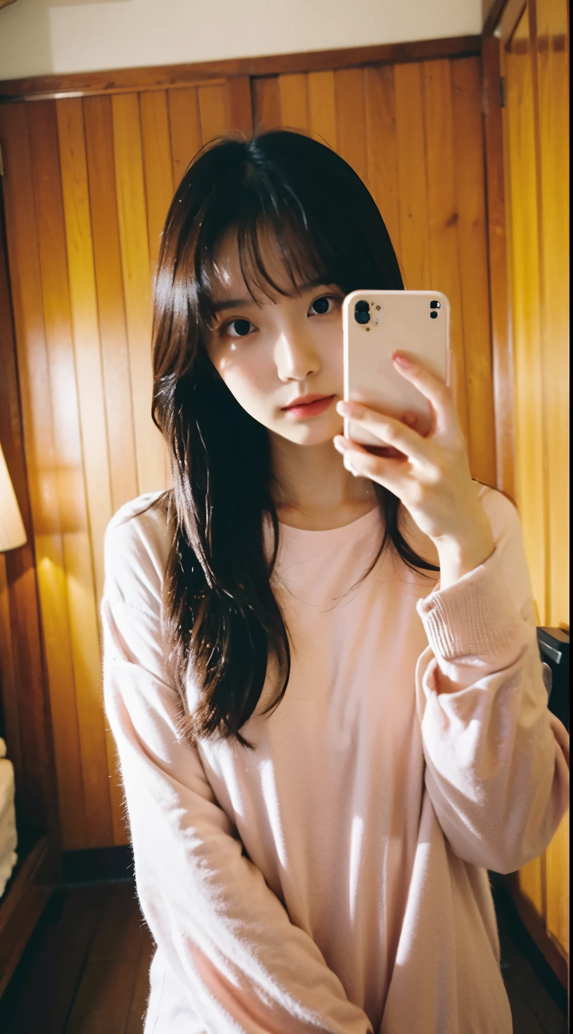 Japanese girl looking at camera、beautiful girl、no makeup、No makeup、selfie、my room、After taking a bath