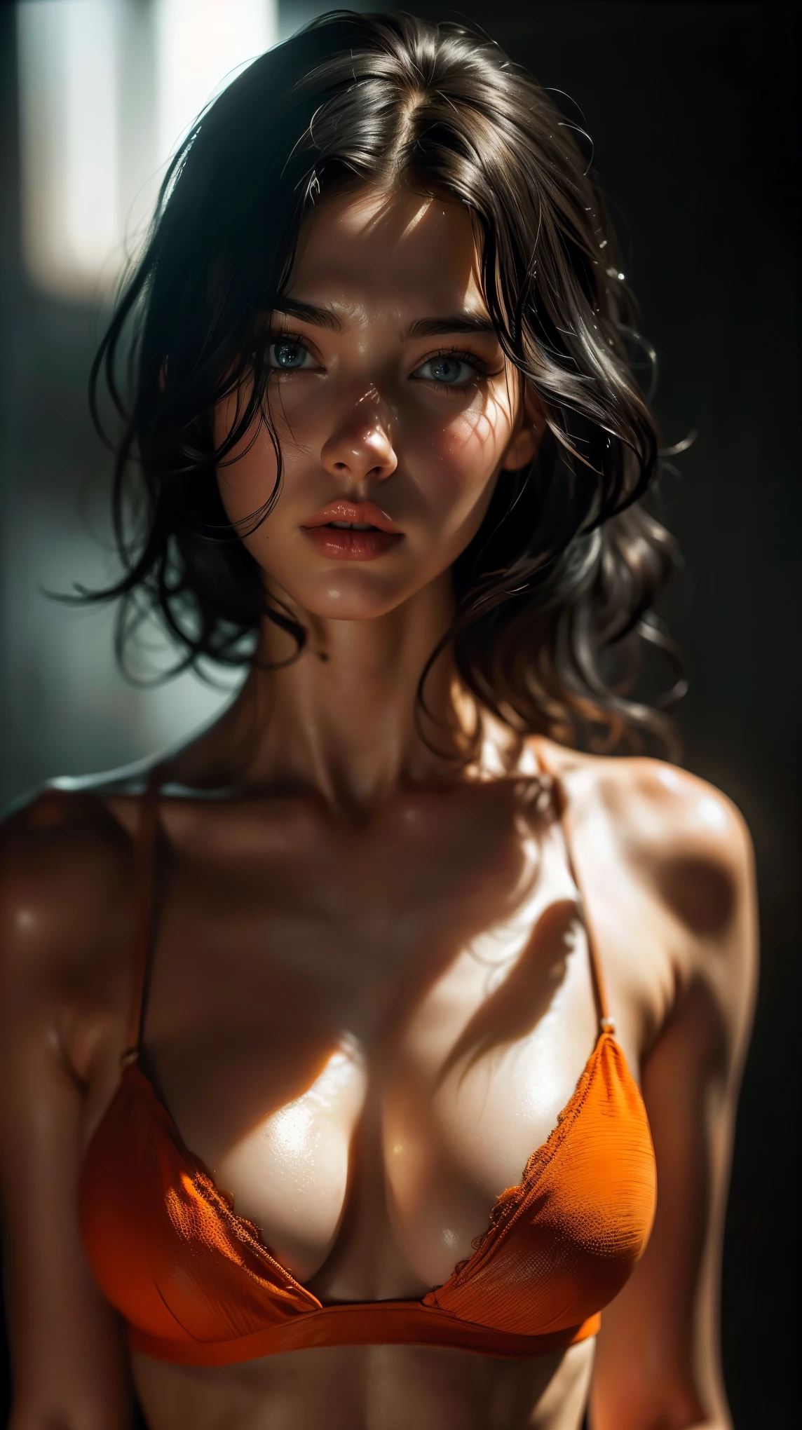 (((ultra realistic))) Photo, masterpiece, top quality, (pale skin), (Ultra detailed face and eyes:1.2), Bright eyes, 1 girl, orange bra, gloomy atmosphere, Dark background, (Eye makeup, mascara) , ((Dark wavy hair)) , ((Stylish hairstyle)) , (Natural breasts), (A slight smile), ((Posing)), photoshoot, studio (Contour lighting), (The play of light and shadows), depth of field, bokeh, (special attention to skin detail: 1.2), Detailed leather texture, skin pores, ((Тёмная и gloomy atmosphere кадра. color scheme - black, Gray, Ashen, orange tones)), ((Film grain, VHS effect)), ((rays)) , ((waist up portrait, close to the camera)) , ultra detialed, 
