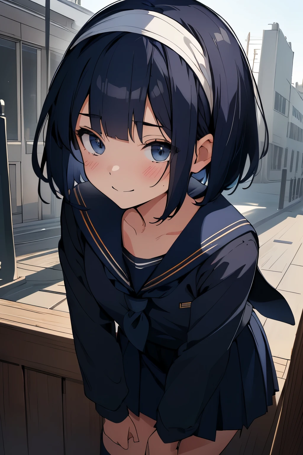 (Highly detailed CG unity 8k), (highest quality)，(very detailed)，(ultra high resolution), (fine eyes), (detailed facial features), (Detailed features of clothing), HDR, 8K resolution, navy blue sailor uniform, High school girl in sailor suit, Dark blue skirt, Anime 2D rendering, smile, black hair, (((navy blue sailor uniform))), black stockings, (((school scenery))), (((small face))), bob cut, ((White headband)), shy pose,