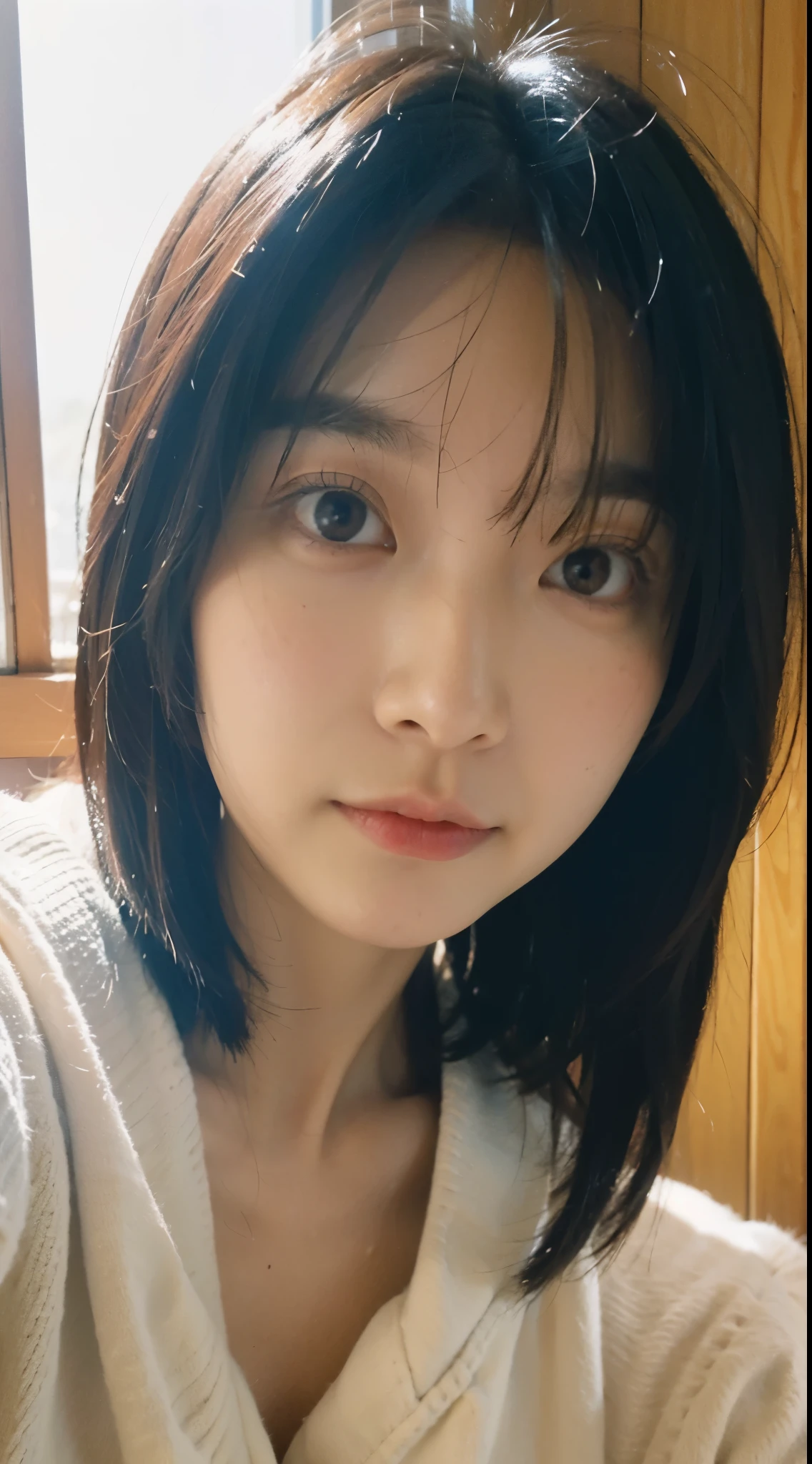 Japanese girl looking at camera、beautiful girl、no makeup、No makeup、selfie、close up of face