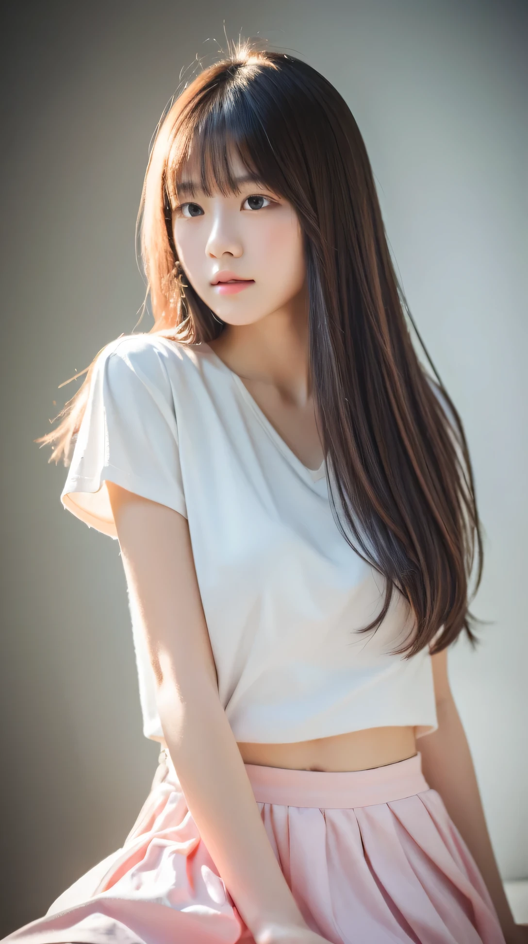 (masterpiece, highest quality, RAW photo, realistic:1.2), 1 girl, look away, sad, beautiful girl, cute, delicate girl, medium hair, written boundary depth, High resolution, Super detailed, detailed, 非常にdetailedな目と顔, realistic student, sharp focus, cinematic lighting, Upper body, bangs, silk shirt, skirt,