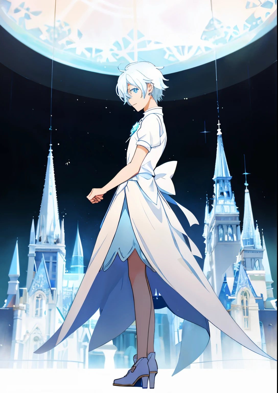 Close-up of a cartoon boy in a white and blue dress、 boy with long pale blue hair、 sapphire prince、 Anime Prince、 official character art、 official fan art、 !!full body portrait!!、 Magical Boy Style、 Hymn of the King as a Prince、 MLP fan art、 detailed fan art、 magical aura、 High resolution、 commission for High resolution 壁紙!, Boy in dress、boy wearing white high heels、素敵なドレスを着たanime boy、official art、anime boy,