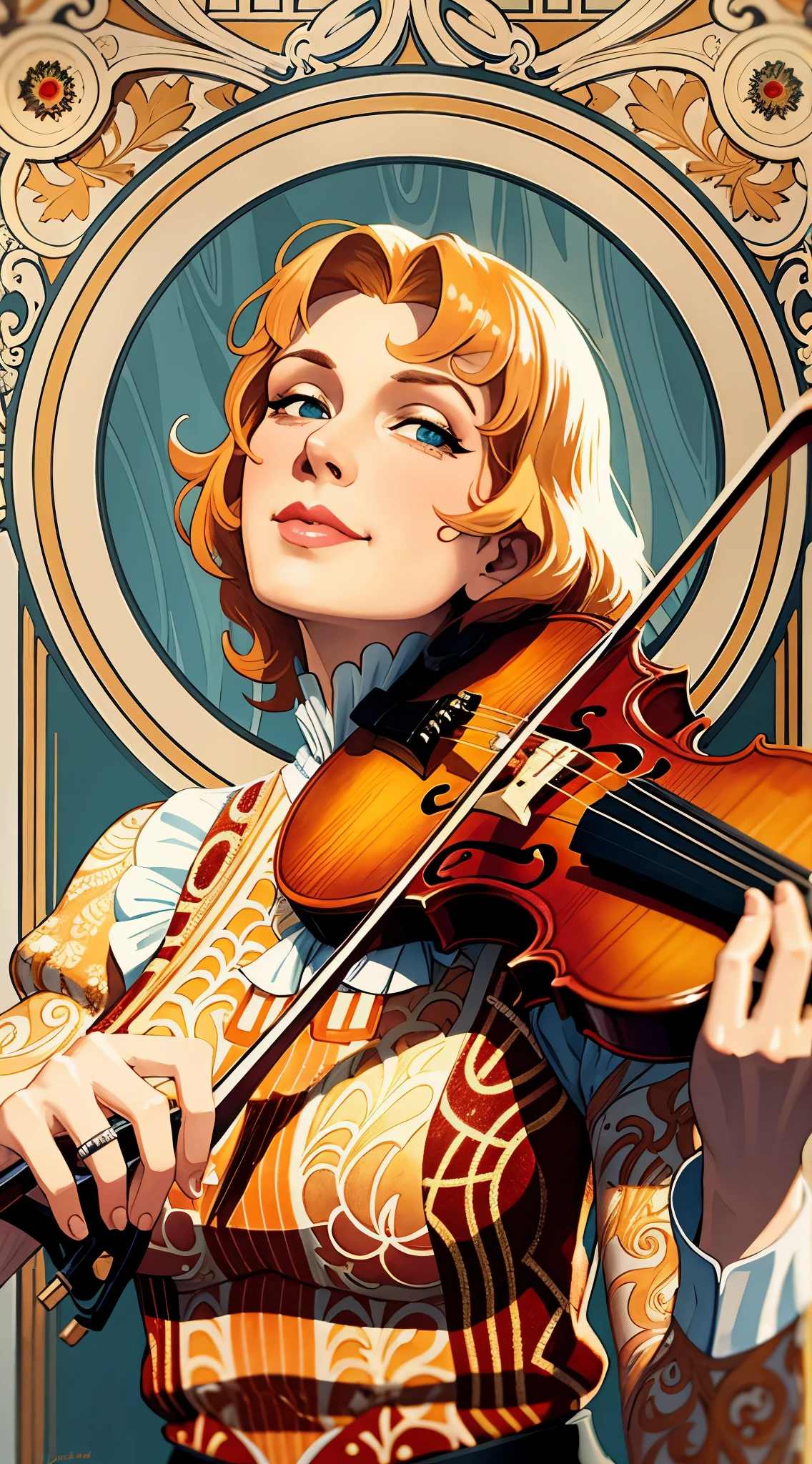 a woman with a violin, blonde hair, ginger. art nouveau, beautiful retro art, j. c. leyendecker 8 k, inspired by J.C. Leyendecker, inspired by J. C. Leyendecker, inspired by Frank Xavier Leyendecker, leyendecker style, mucha style 4k