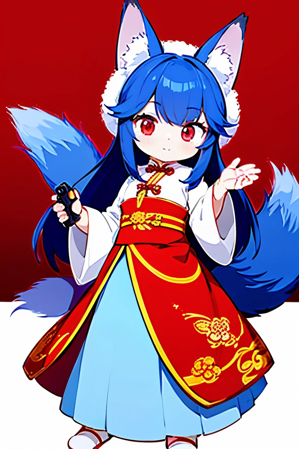 1 young girl, long blue hair, This depicts a fox disguised as a woman, Wearing Chinese traditional dress, There is a golden fox with red eyes in the background, twilight, deep sea, animal ears, dragon horn, cool, holding a gun, looking at the audience,with a big long furry tail, masterpiece, best quality,