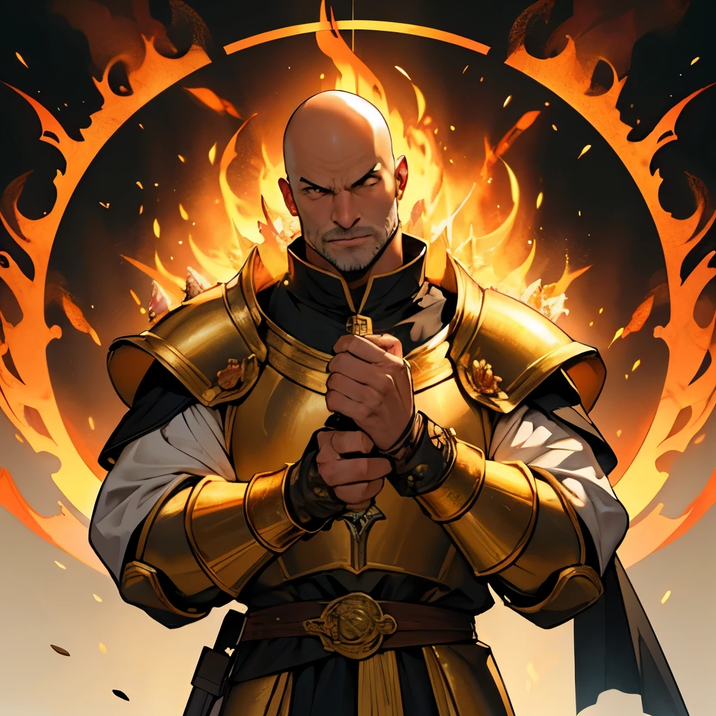 Imagine a bald man with terminal cancer in England with highly detailed super mega muscular medieval gold armor, with an aura of fire around you, in his hands a strange golden artifact that emitted a mysterious glow. Ao tocar o artefato, ele foi envolvido por uma luz intensa 