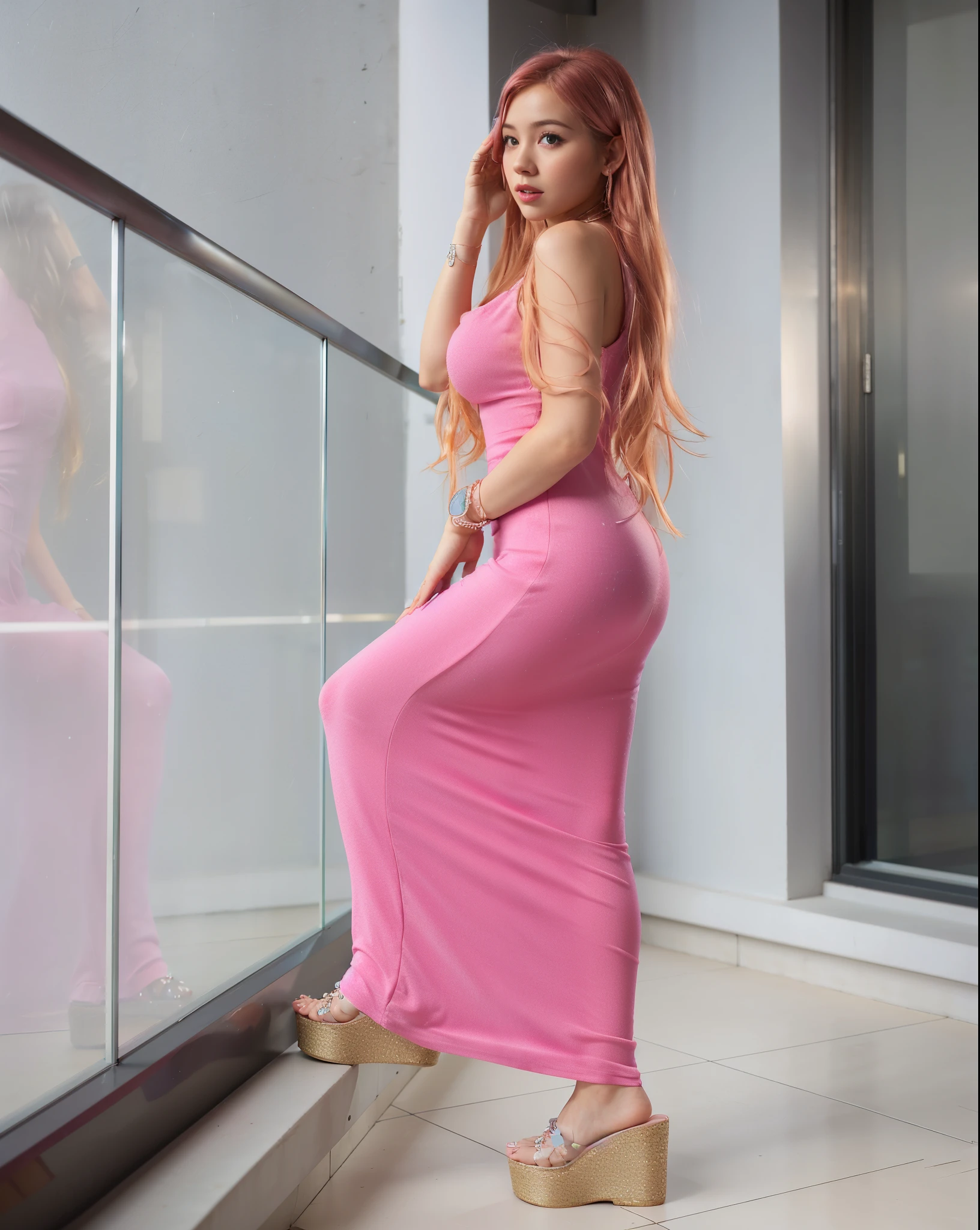 there is a woman in a pink dress standing on a ledge, wearing a pink dress, pink dress, dressed in a pink dress, full length view, long dress, long pink hair, tight dress, wearing a long dress, lorena avarez, long flowing pink hair, full body cute young lady, side shot, sexy dress, full body pose, skintight dress