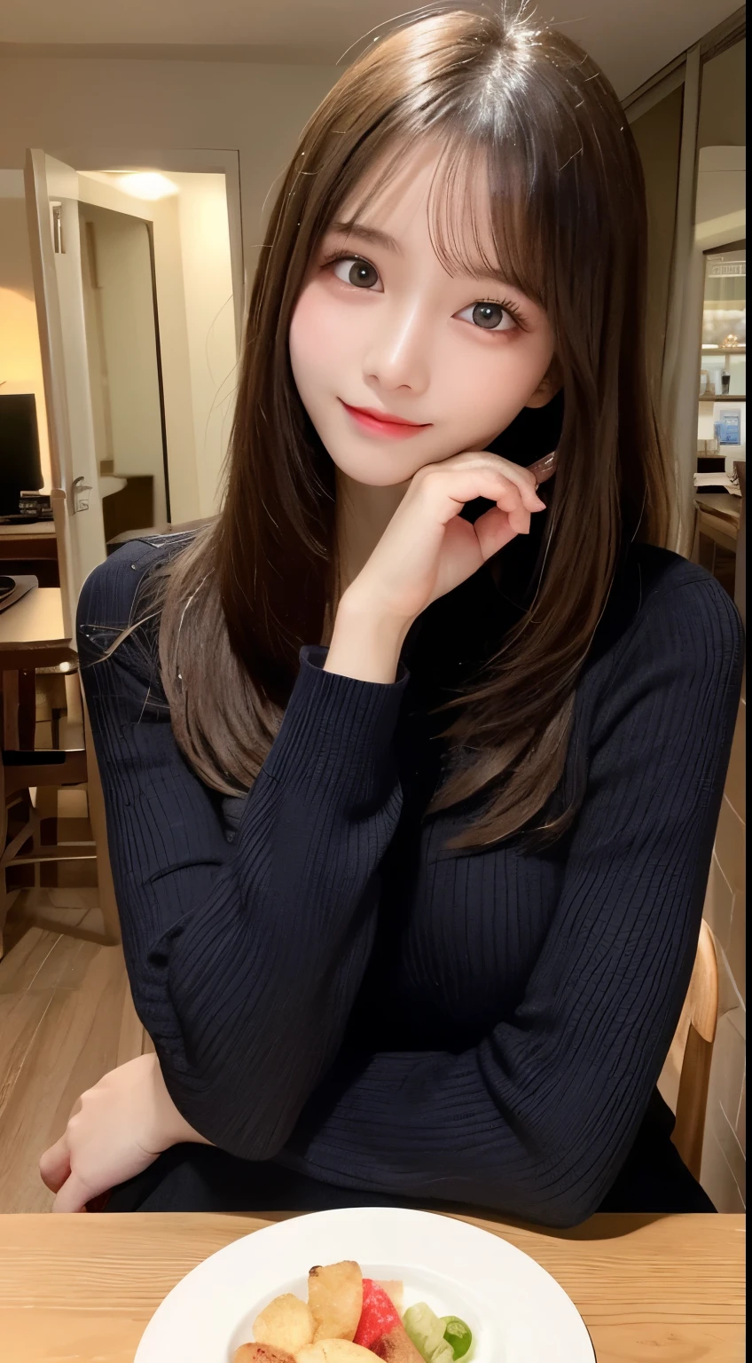 table top, highest quality, shape, Super detailed, finely, High resolution, 8k wallpaper, 完璧なダイナミックな構shape, beautiful and detailed eyes, long sleeve winter dresses,medium hair, small breasts, natural color lip, random sexy pose,smile,、20 year old girl、midnight、beautiful and detailed face、perfect and beautiful face,Big eyes、RAW photo、Spread your arms and legs wide apart、Express your best mood with your whole body、beautiful and detailed eyes、small face、beautiful duplex、slim face and style、blur the background