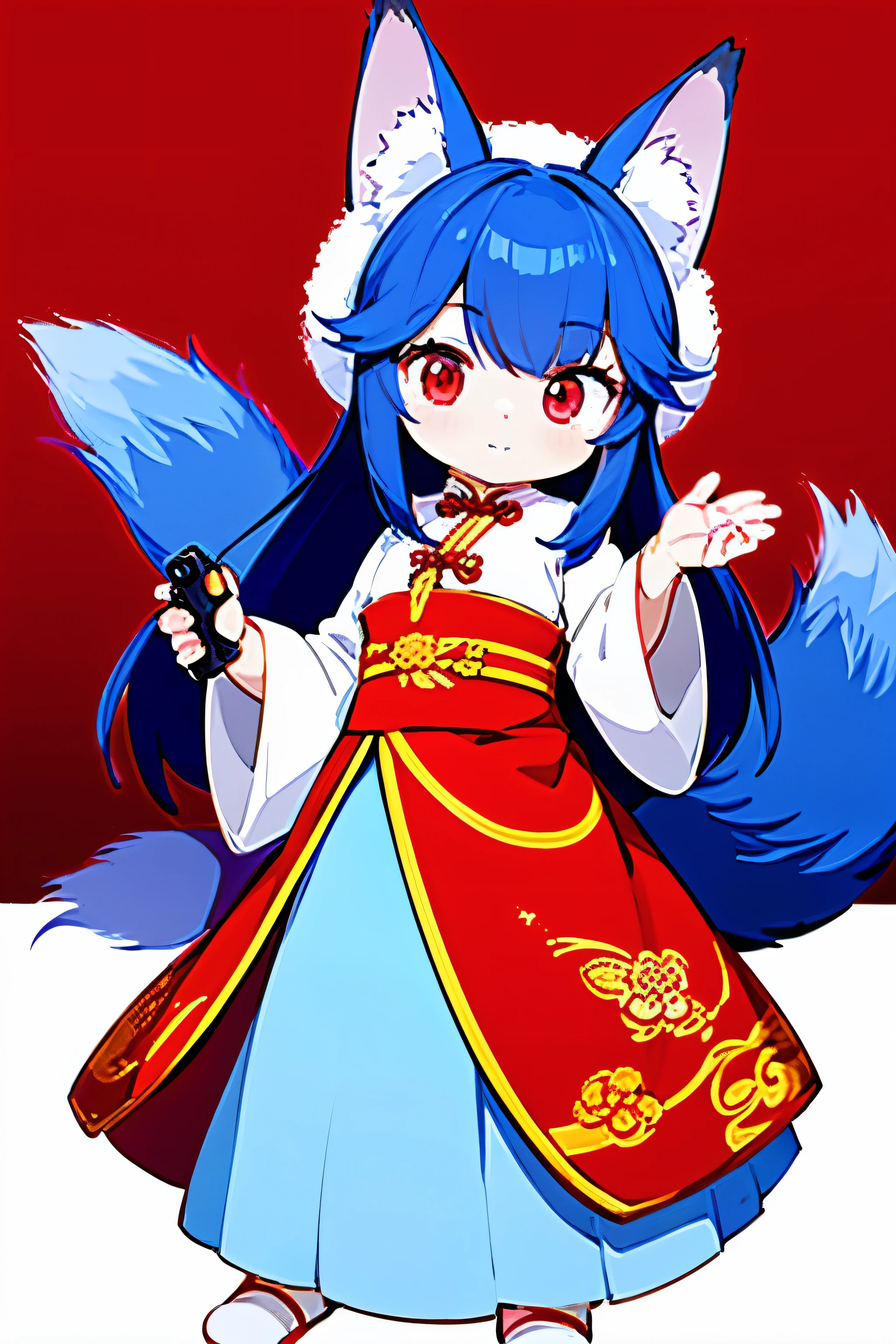 1 young girl, long blue hair, This depicts a fox disguised as a woman, wearing Chinese Traditional dress, There is a golden fox with red eyes in the background, twilight, deep sea, animal ears, dragon horn, cool, holding a gun, looking at the audience,There is a big furry tail, masterpiece, best quality, 