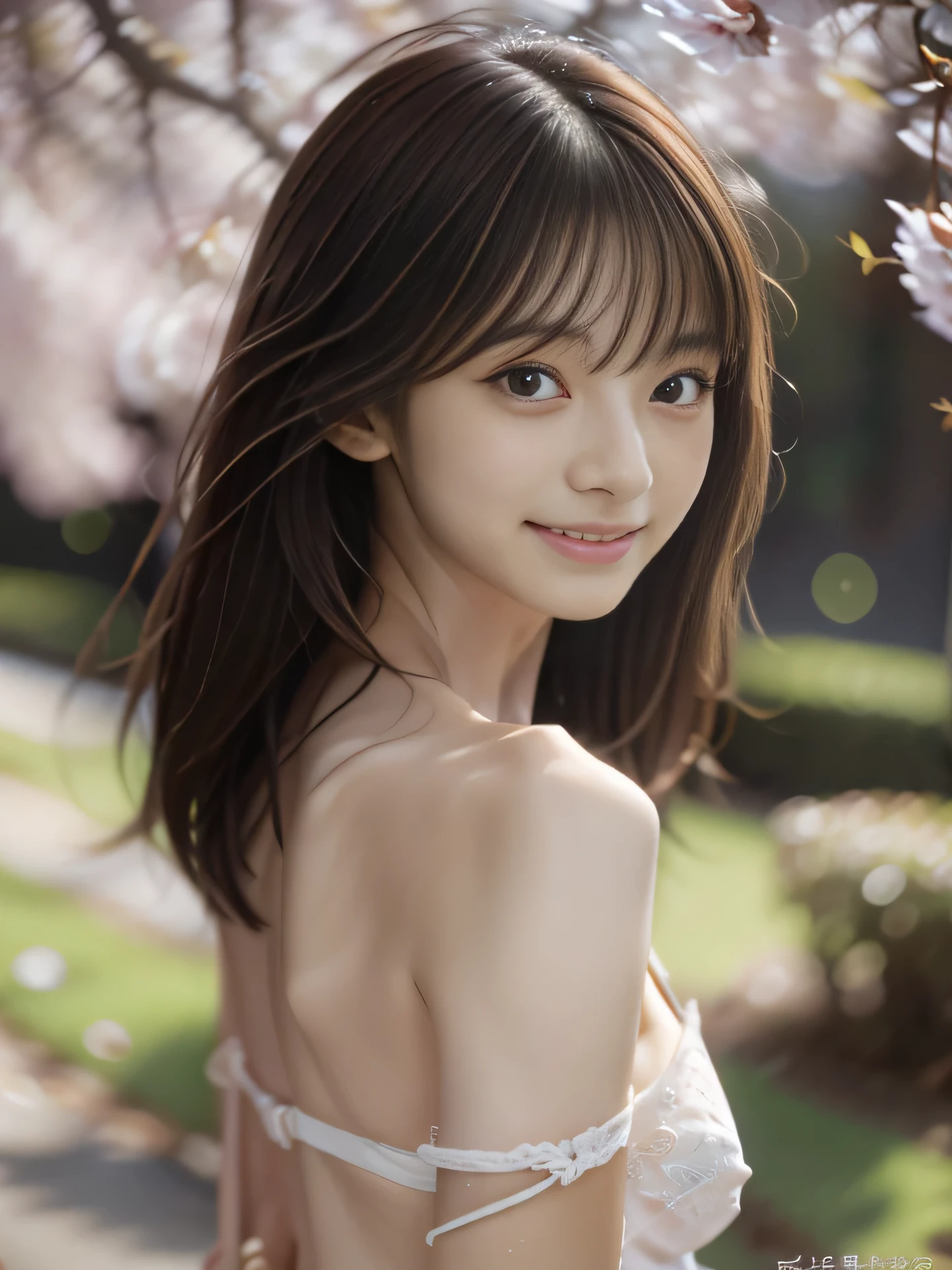 High resolution, RAW photo, realistic, very delicate and beautiful, very detailed, finely, very detailed CG unity 8K wallpaper, Super detailed, (highest quality, 8K, 32K, masterpiece, UHD:1.2), Photo of Pretty Japanese model, Upper body, white strapless bra, Brown cardigan, outdoor, under the cherry tree ,look away, beautiful and detailed face, Beautiful clear long eyes, delicate figure, slim, slender body, big breasts, medium straight hair, dull bangs, a hyper realistic, real anime girl, light smile,