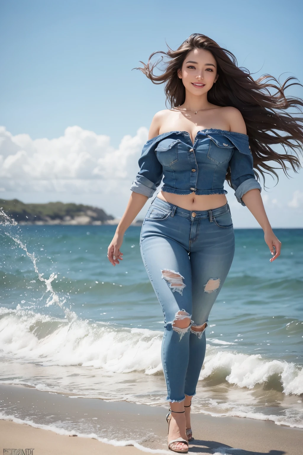 Full body, beauty standing: A 27-year-old Mexican woman, absolute beauty with long wavy hair, exudes radiance as she confidently runs in the ocean, wearing denim jeans that cling to her figure, and a pair of high heels that add a boost to her steps. The water splashes around her, leaving droplets on her toned skin, creating a shimmering effect that highlights her curves. Her expressive face is framed by the windswept hair, with a smile that lights up her entire being. The picture, captured in RAW photography, boasts an incredible resolution and lifelike details, making it a masterpiece and top-quality 8K image that takes