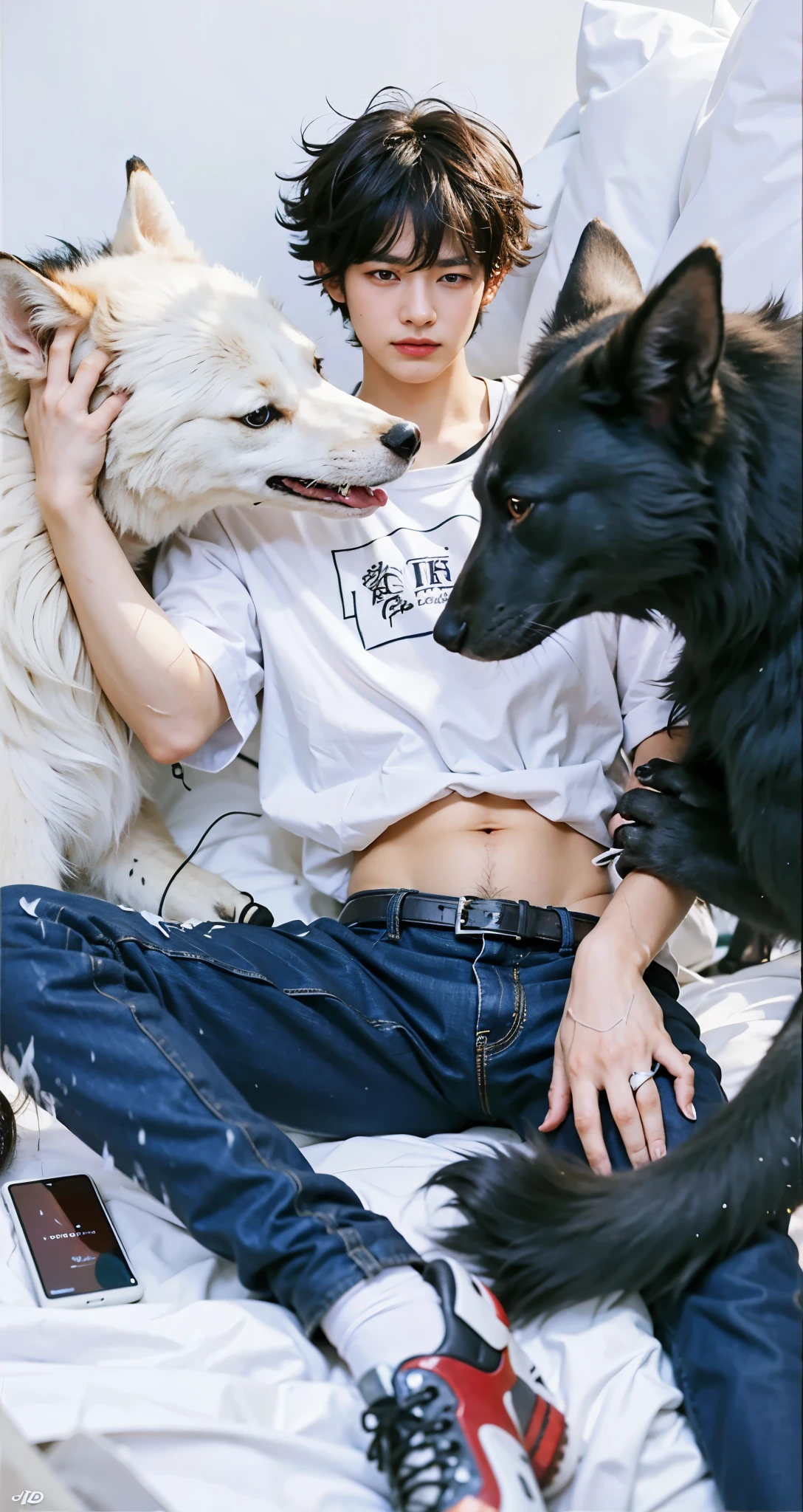 Boy lying on bed with wolfs